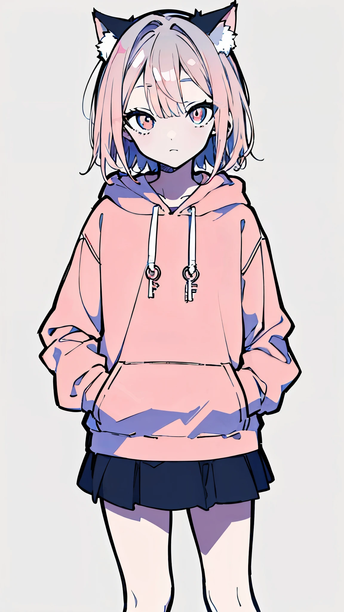 Anime girl in a pink hoodie with a cat ear - SeaArt AI