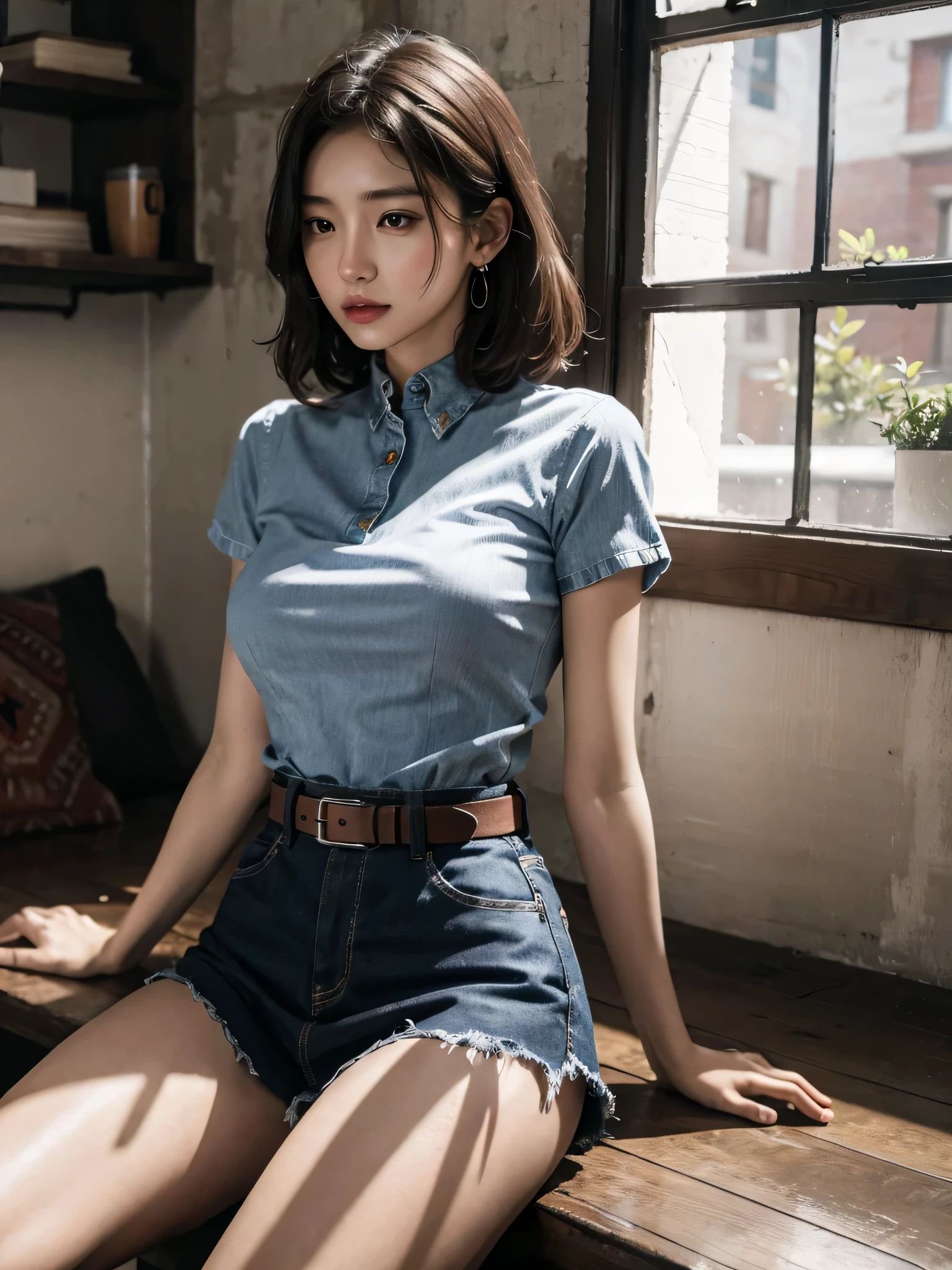 disorganized, RAW photo, very delicate and beautiful, masterpiece, highest quality, ultra high resolution, 32K, surreal, super detailed, perfect anatomy, perfect figure, super dense skin, Highly detailed CG 8k wallpaper, 20's, very slim body, tight waist, very small head, very small face, delicate facial features, tearful mole, earrings, thin legs, (very huge round breasts:1.1), (full body shot:1.1), 1 girl, short hair, wavy hair, (cowgirl costume:1.2), holster, holstered weapon,