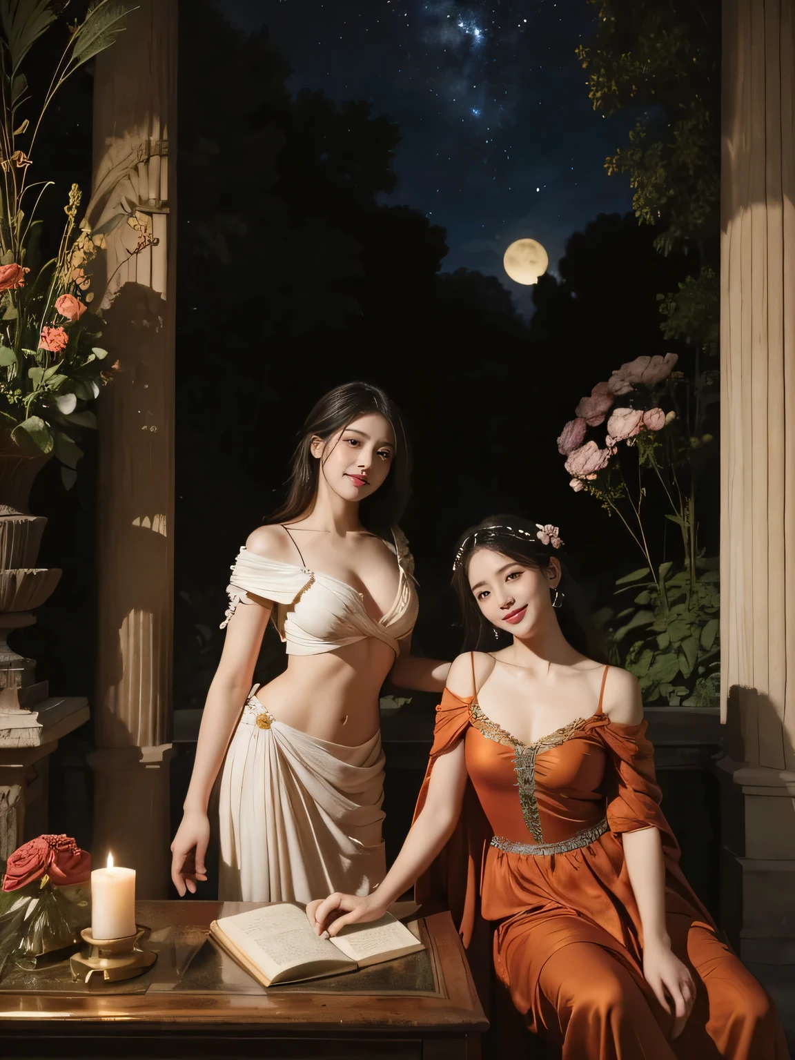 Giorgione painting style,Arguments of two female Philosophe,math、astronomical machine、astronaut、roses in vase、fruits、Cute trinkets、smile、ancient greek costume、Background is a forest lake at night 、Clothes that stretch your shoulders、A big smile、beautiful bare skin、A detailed representation of the seducing woman throughout her body.full body portrait, Ancient Roman ruins, Poussin-style landscape at night, A smile, , Sweet and seductive appearance.、Caravaggio's paintings、Chiaroscuro of Caravaggio、Hair disheveled in the wind, Two women frolicking, Cute smile, Expression of ecstasy, A sexy, Erotic Negat