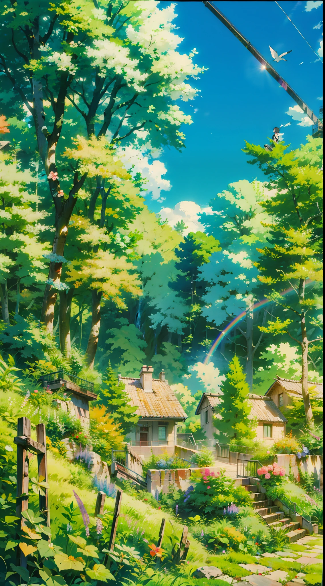 a painting of staircase over the dirt road, green plants, overgrowth. by makoto shinkai, still from a music video, vaporwave jungle, stairway to heaven, stairs from hell to heaven, beautiful cinematography, still of rainbow ophanim, bloom effect 8 k, high quality matte painting, background of flowery hill, very beautiful matte painting, stairways, no human