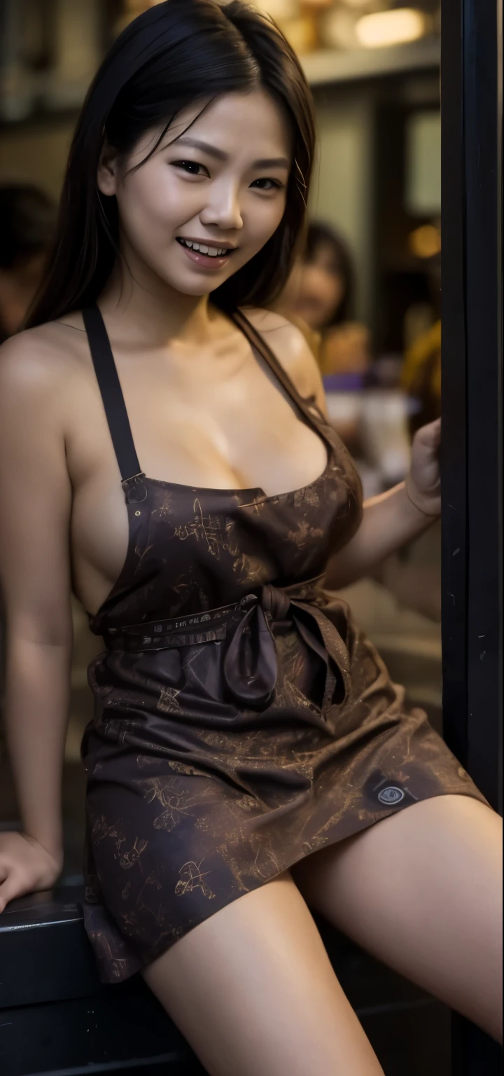 (southeast Asian woman), (in the dark shadow), smiling, upward glance, brown-skin, unbuttoned shirt, sweat, hiding her beautiful nipples with Asian traditional short apron with various pattern, (spread legs to show off her pubic hair), rubbing masturbation, downtown dim underground market, dark hour, stall staff, 