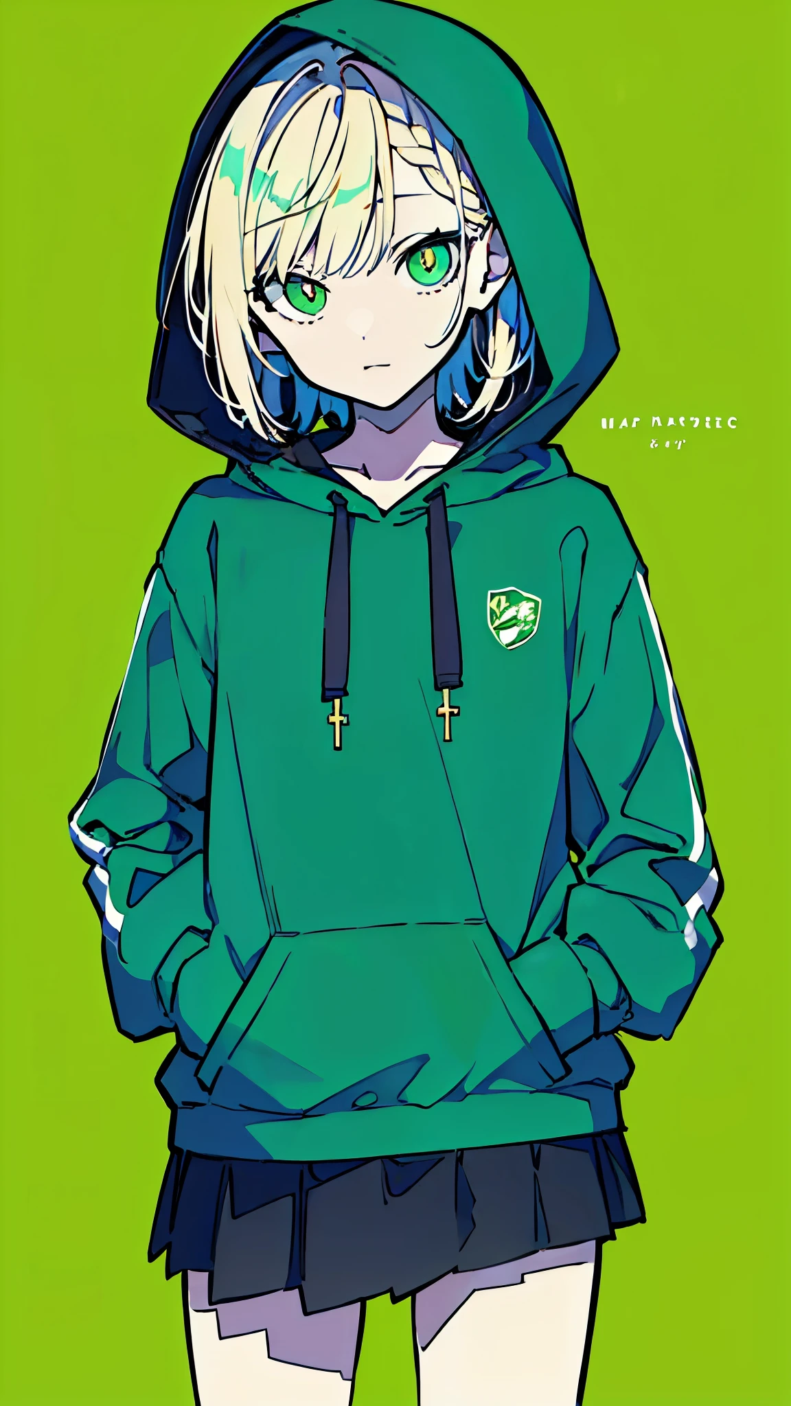 (masterpiece, highest quality:1.6), alone, (simple background, light green background, monochrome, light green theme:1.2), official art, Key Visual, 8K, disorganized, whole body, (unique hair, Oversized Hoodies, hot pants, wearing a hood, short torso:1.2), belly button, thighs, cowboy shot, HDR, sharp focus, High resolution, finely, detailed eyes and face, sharp pupils, realistic student, solo, green and white contrast, solo, hands in pockets,young female