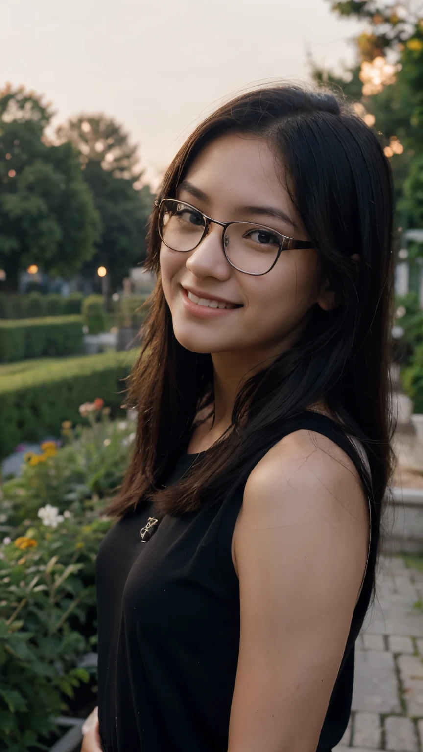 Very young female, half chinese, small slit-eyed, glasses, black hair, flawless white skin, long hair, photorealistic, best quality, hyper detailed, , beautiful woman, selfie photo, upper body, solo, wearing black clothes, smiling at garden, morning photo, without makeup, school, looking at viewer, skin texture, film grain, close up, ultra high res, best shadow, RAW, instagram LUT