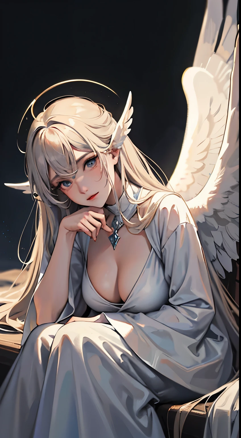 A mesmerizing portrait of an angelic and resplendent figure with black wings in a graveyard, captured with a 50mm lens. The composition reveals the divine presence amid the shadowy graves, highlighting the contrast between the heavenly radiance and the melancholic environment. The color temperature is cold, enveloping the scene in a soft blue hue, intensifying the supernatural aura. The expression of the angelic figure conveys serenity and compassion, offering comfort to those who are faced with this ethereal vision. The lighting delicately reveals the contours of the angelic figure, creating a harmonious play of shadows and highlights. The atmosphere awakens a mixture of mystery and serenity, involving the viewer's emotions. --V 5 --Stylize 1000