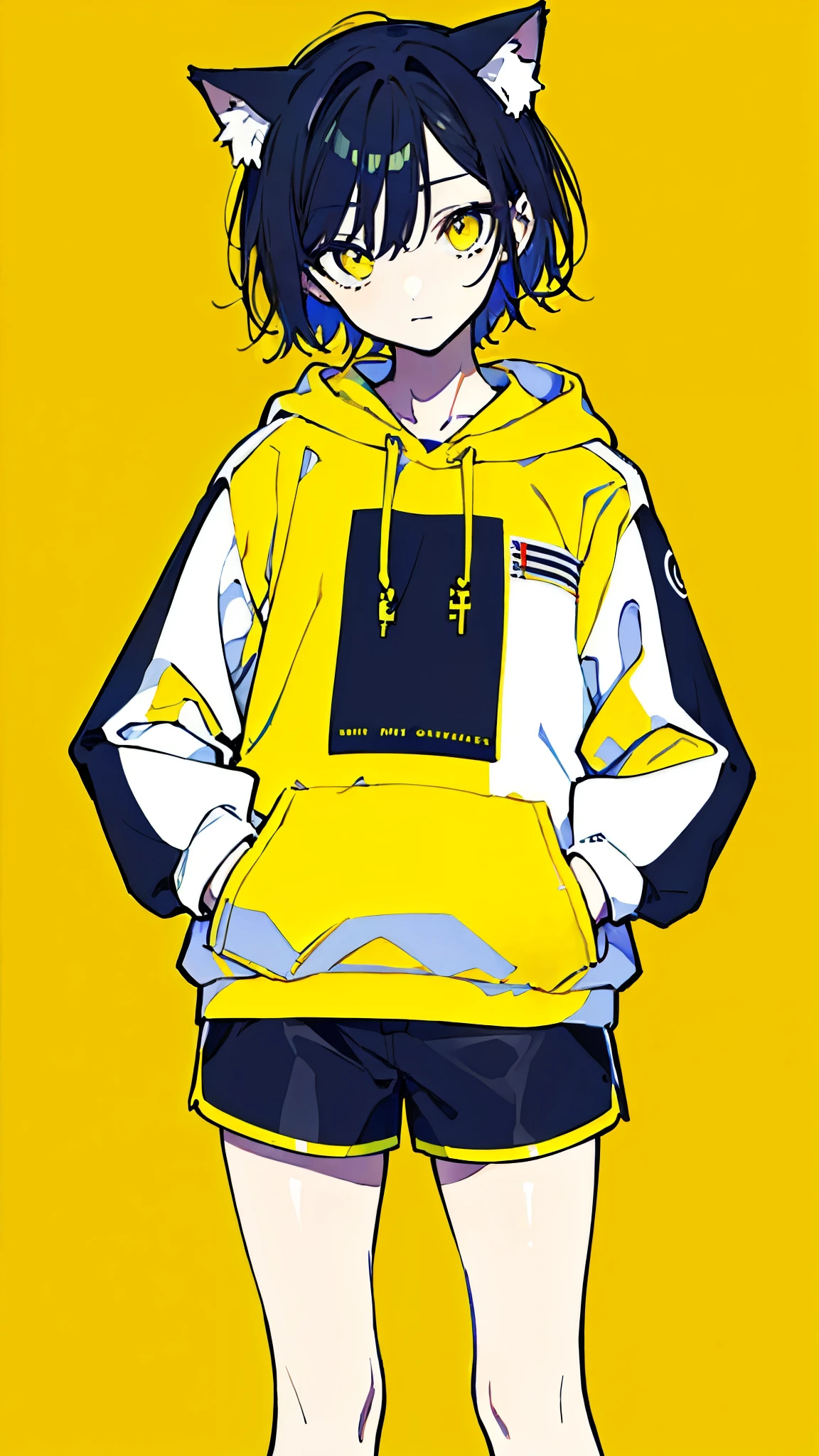 (masterpiece, highest quality:1.6), alone, thick outline, (simple background, Dark yellow background, monochrome, dark yellow theme:1.2), official art, Key Visual, 8k, confused, whole body, (unique hair, oversized hoodie, hot pants, Cat ear, short torso:1.2), belly button, thighs, cowboy shot, HDR, sharp focus, High resolution, most detailed, very detailed, Super detailed, finely, detailed eyes and face, sharp pupils, realistic student, alone, yellow and gray contrast, alone, put one&#39;s hand in one&#39;s pocket