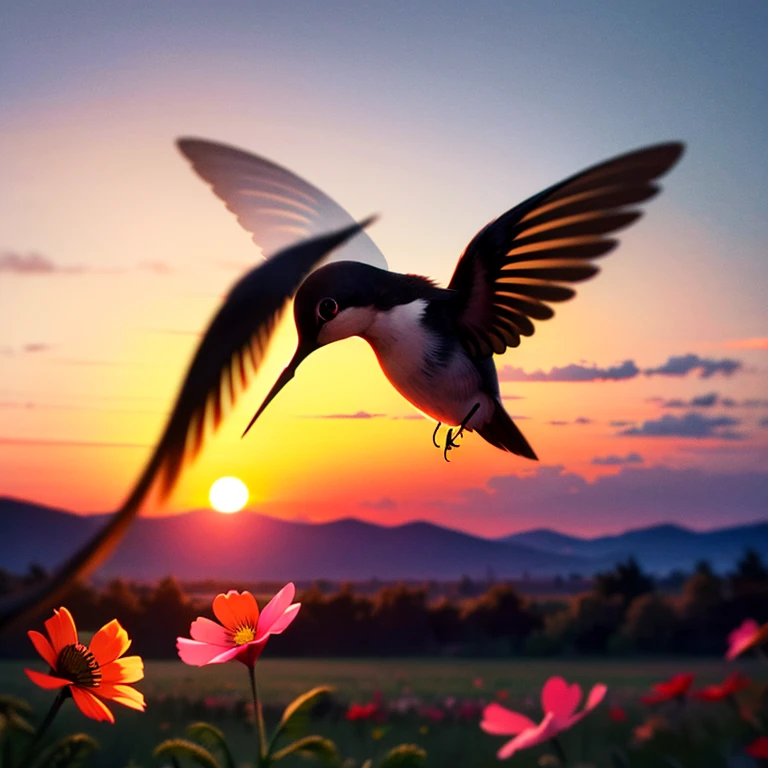 hummingbird, cosmos field, sunset, UHD, masterpiece, ccurate, super detail, high details, high quality, best quality, highres