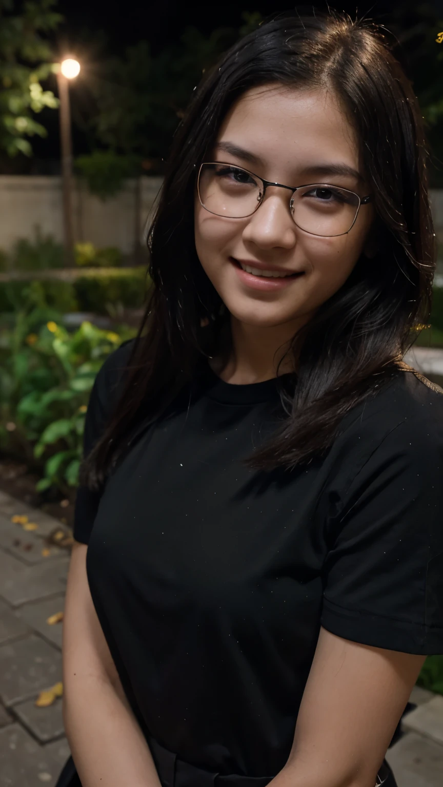 Very young female, half chinese, small slit-eyed, glasses, black hair, flawless white skin, long hair, photorealistic, best quality, hyper detailed, middle school student, beautiful woman, selfie photo, upper body, solo, wearing black clothes, smiling at garden, night photo, without makeup, school, looking at viewer, skin texture, film grain, close up, ultra high res, best shadow, RAW, instagram LUT