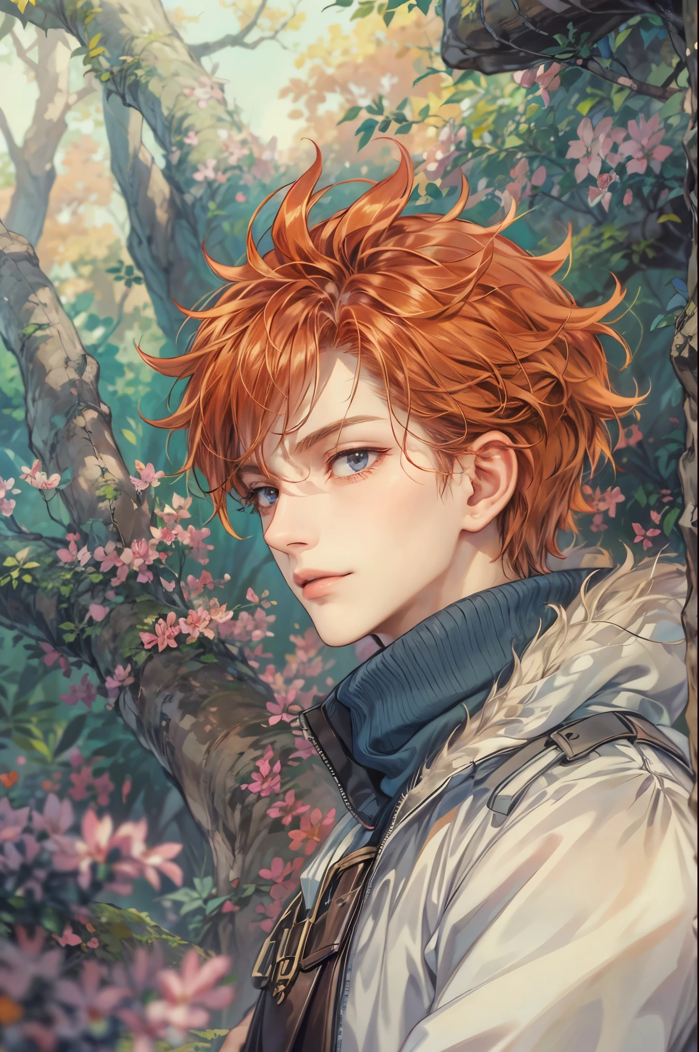 ((Best quality)), ((masterpiece)), (detailed), ((perfect face)), ((halfbody)) handsome face, male, boy, perfect proportions , a character from anime fairy tail, red hair, male version , hiro mashima art, detailed ghibli forest background, detailed ghibli scenery background