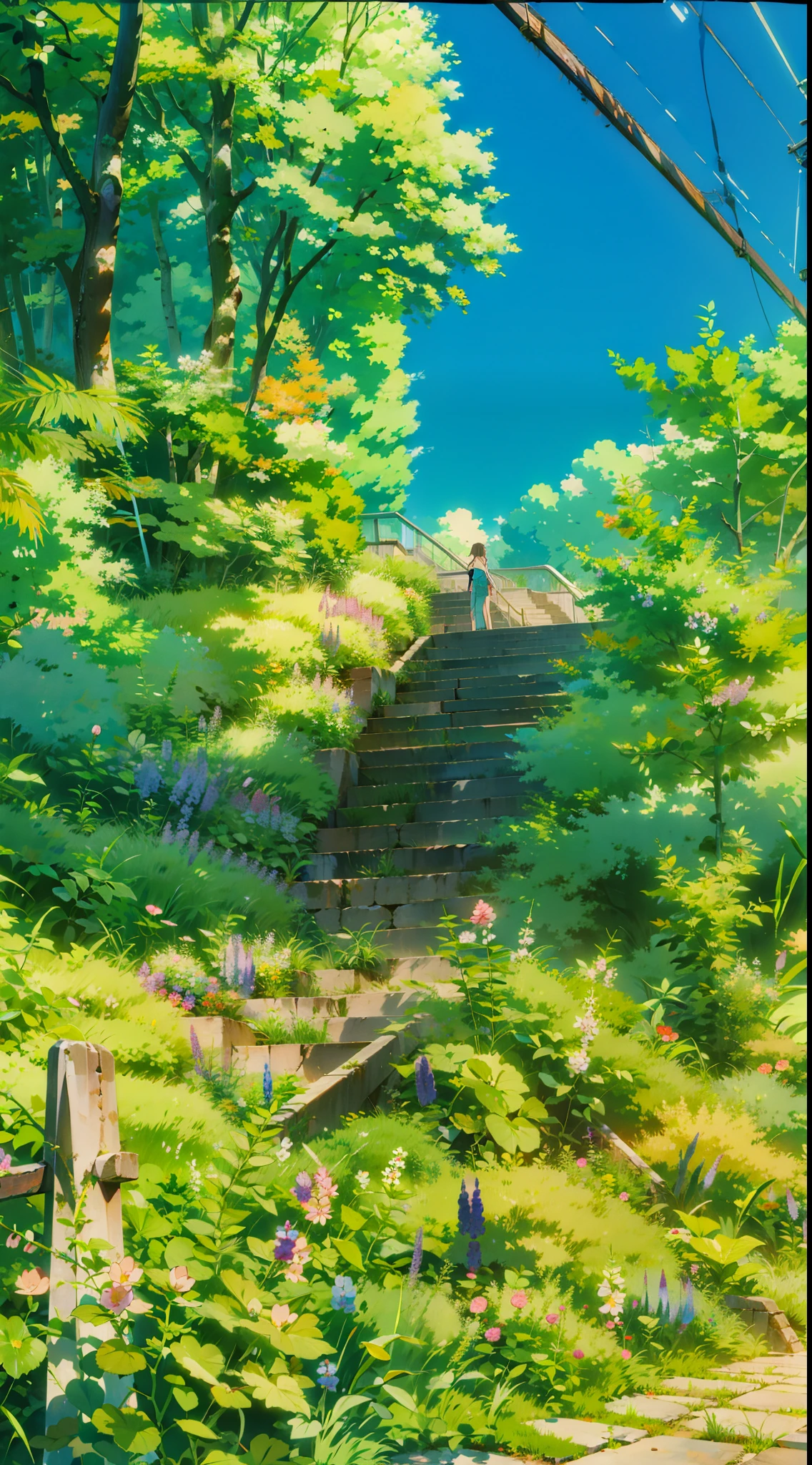 a painting of staircase over the dirt road, green plants, overgrowth. by makoto shinkai, still from a music video, vaporwave jungle, stairway to heaven, stairs from hell to heaven, beautiful cinematography, still of rainbow ophanim, bloom effect 8 k, high quality matte painting, background of flowery hill, very beautiful matte painting, stairways, no human
