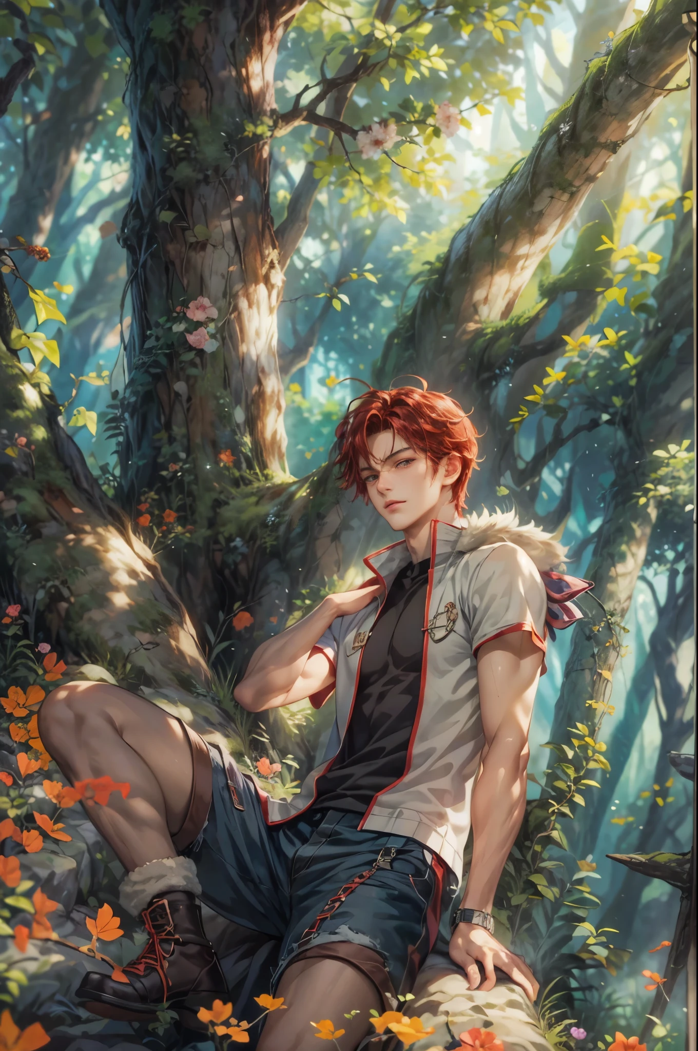 ((Best quality)), ((masterpiece)), (detailed), ((perfect face)), ((halfbody)) handsome face, male,  boy,  perfect proportions , a character from anime fairy tail, red hair, male version , hiro mashima art, detailed ghibli forest background, detailed ghibli scenery background 