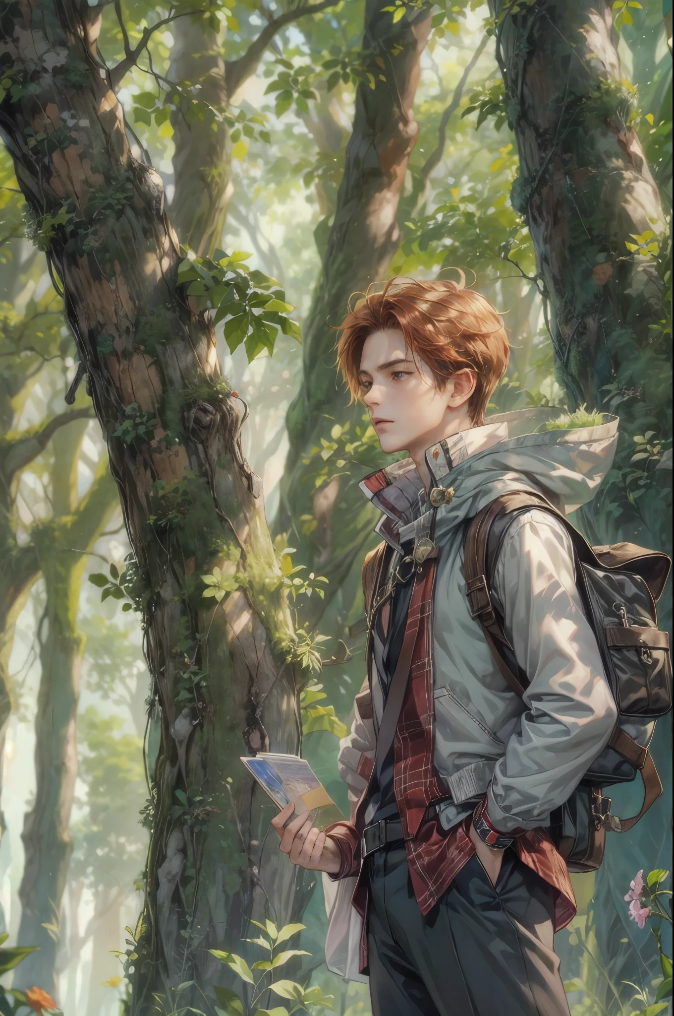 ((Best quality)), ((masterpiece)), (detailed), ((perfect face)), ((halfbody)) handsome face, male, boy, perfect proportions , a character from anime fairy tail, red hair, male version , hiro mashima art, detailed ghibli forest background, detailed ghibli scenery background