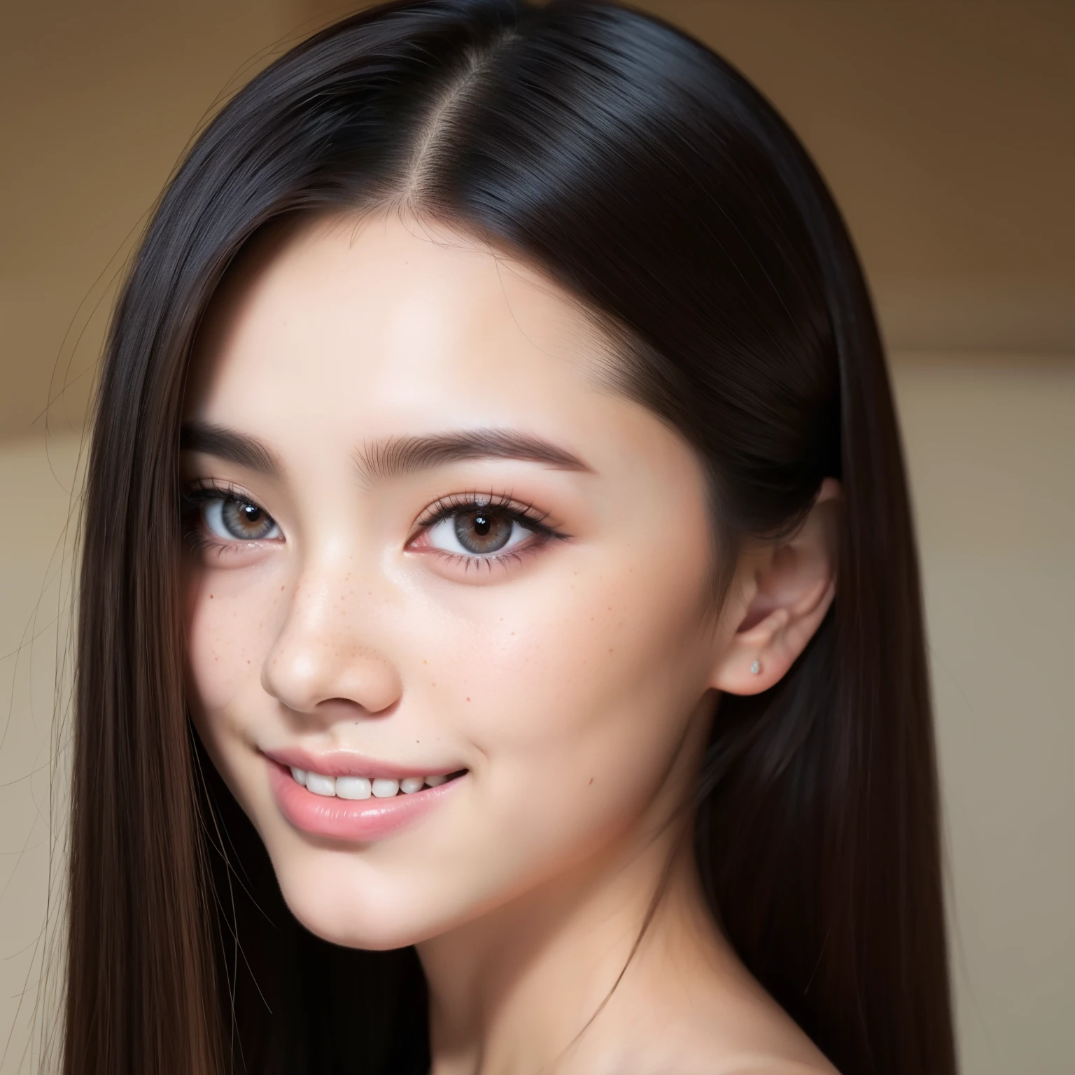 Age 20 years old、(Please generate a beautiful female face with big eyes, 1girl, expressive eyes, vibrant long black hair, light brown eyes, very detailed nose, small and very thin lips, hyper realistic skin detailed, freckles, kind smile, ultra high quality, UHD,