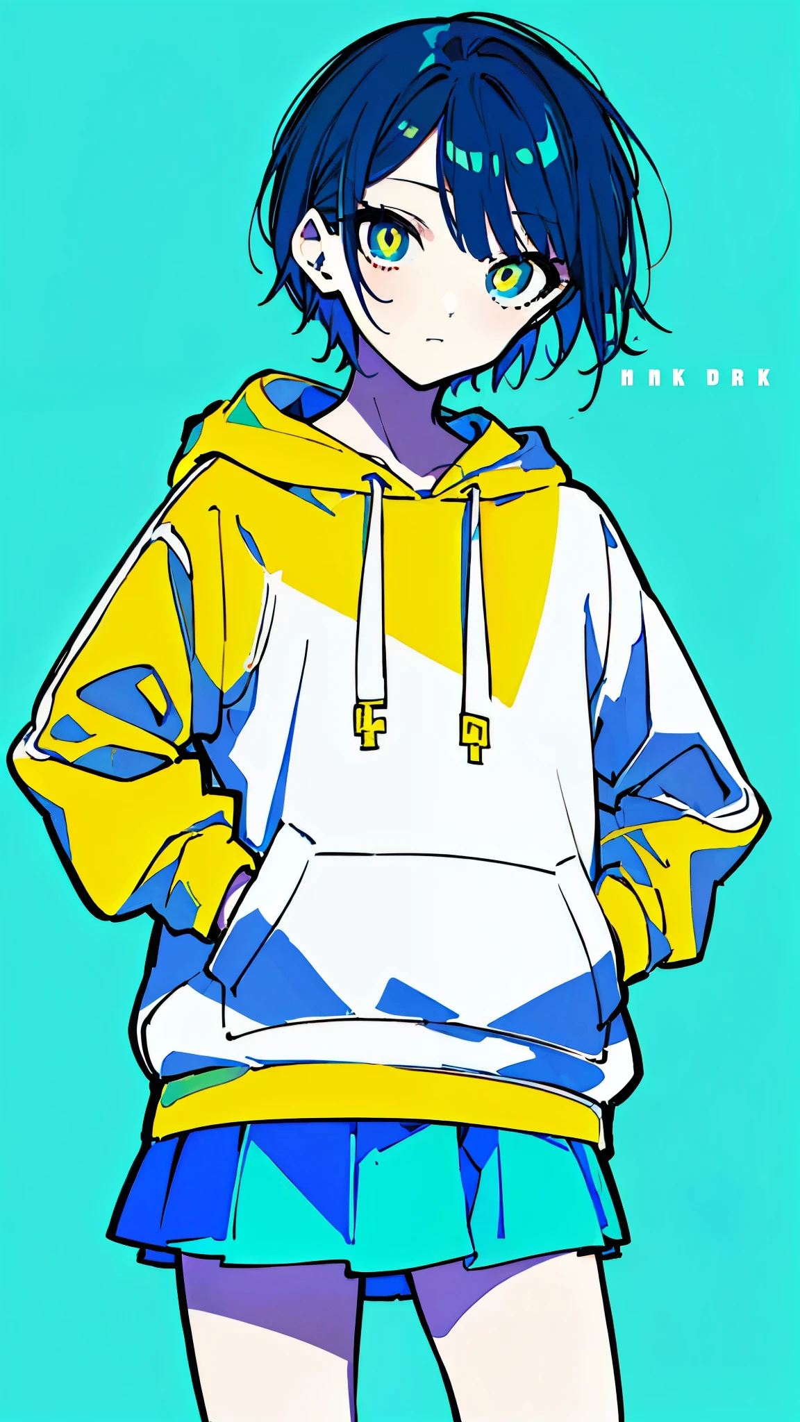 (masterpiece, highest quality:1.6), alone, thick outline, (simple background, bright blue green background, monochrome, bright blue green theme:1.2), official art, Key Visual, 8k, confused, whole body, (unique hair, oversized hoodie, mini skirt, arch back, short torso:1.2), belly button, thighs, cowboy shot, HDR, sharp focus, High resolution, most detailed, very detailed, Super detailed, finely, detailed eyes and face, sharp pupils, realistic student, alone, alone, put one&#39;s hand in one&#39;s pocket, Contrast between yellow, light blue and yellow-green