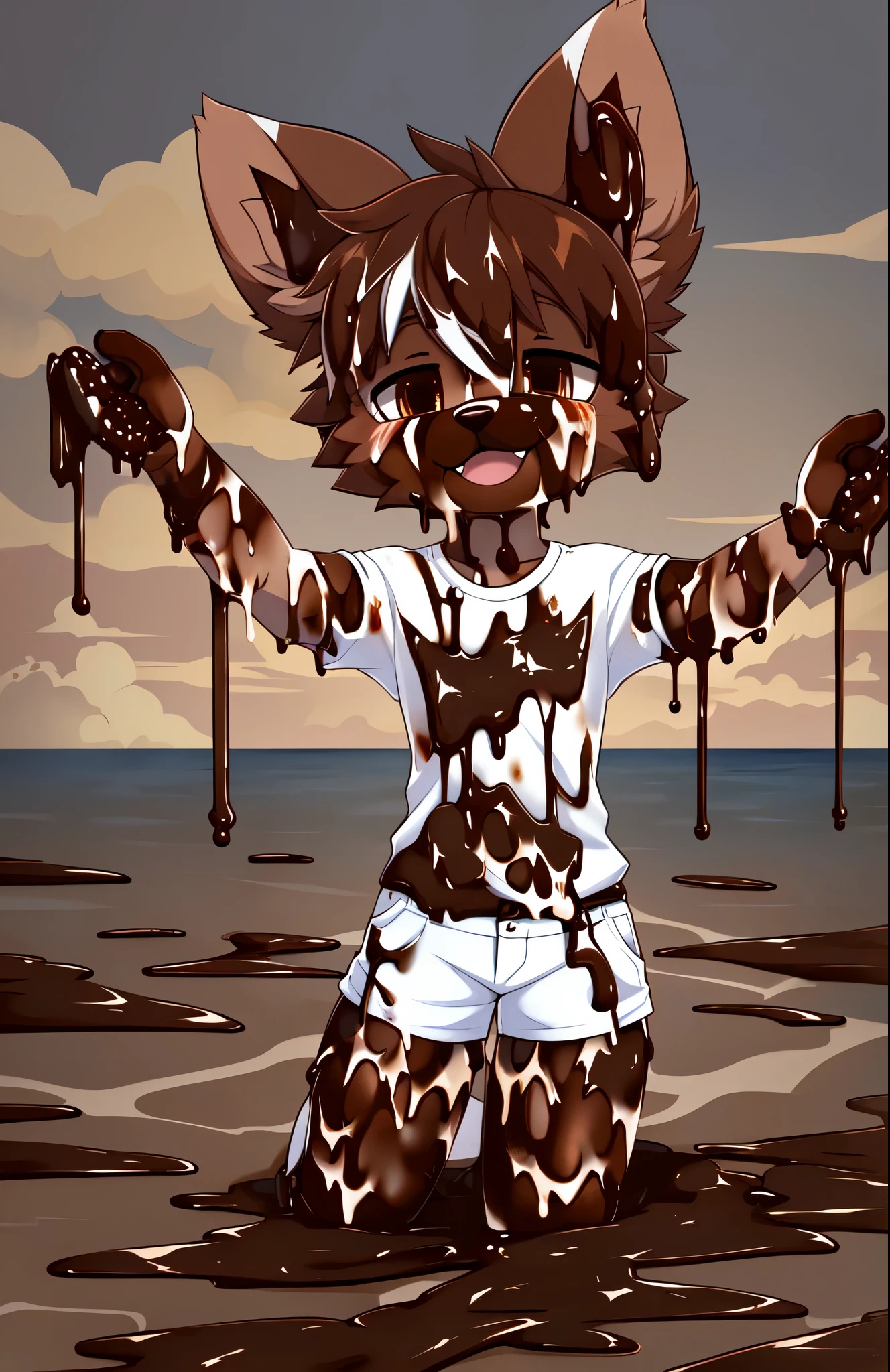 uploaded on e621, by hioshiru, solo mammal, (best quality), highly detailed, HD, {1girl|furry male), swimming in brown liquid, two-tone fur, (liquid chocolate, chocolate on body, chocolate, chocolate everywhere, brown stain, brown ocean brown sea:2), happy, tongue, outstretched hands, black bow tie, white t shirt, white shorts, cloudy sky, absurd res