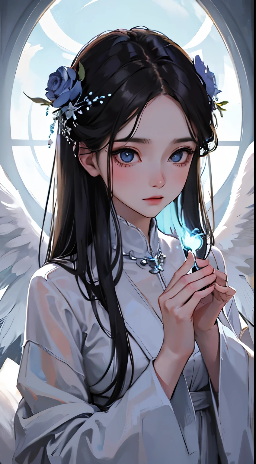 A mesmerizing portrait of an angelic and resplendent figure with black wings in a graveyard, captured with a 50mm lens. The composition reveals the divine presence amid the shadowy graves, highlighting the contrast between the heavenly radiance and the melancholic environment. The color temperature is cold, enveloping the scene in a soft blue hue, intensifying the supernatural aura. The expression of the angelic figure conveys serenity and compassion, offering comfort to those who are faced with this ethereal vision. The lighting delicately reveals the contours of the angelic figure, creating a harmonious play of shadows and highlights. The atmosphere awakens a mixture of mystery and serenity, involving the viewer's emotions. --V 5 --Stylize 1000