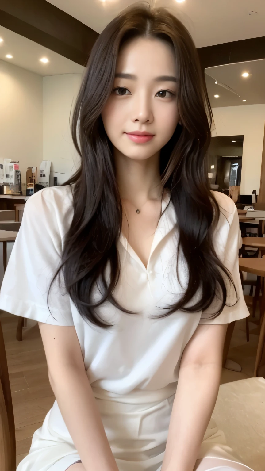 ((top-quality、8k、​masterpiece:1.3))、Beautiful woman with perfect body:1.4、slim abdomen:1.2、Longhair, normal breast, Highly detailed facial and skin texture, A detailed eye, delicate eyes, double eyelid, (smile), (full body shot), ((cafe 1.2)), (sitting on chair), ((wearing white uniform)), looking in front