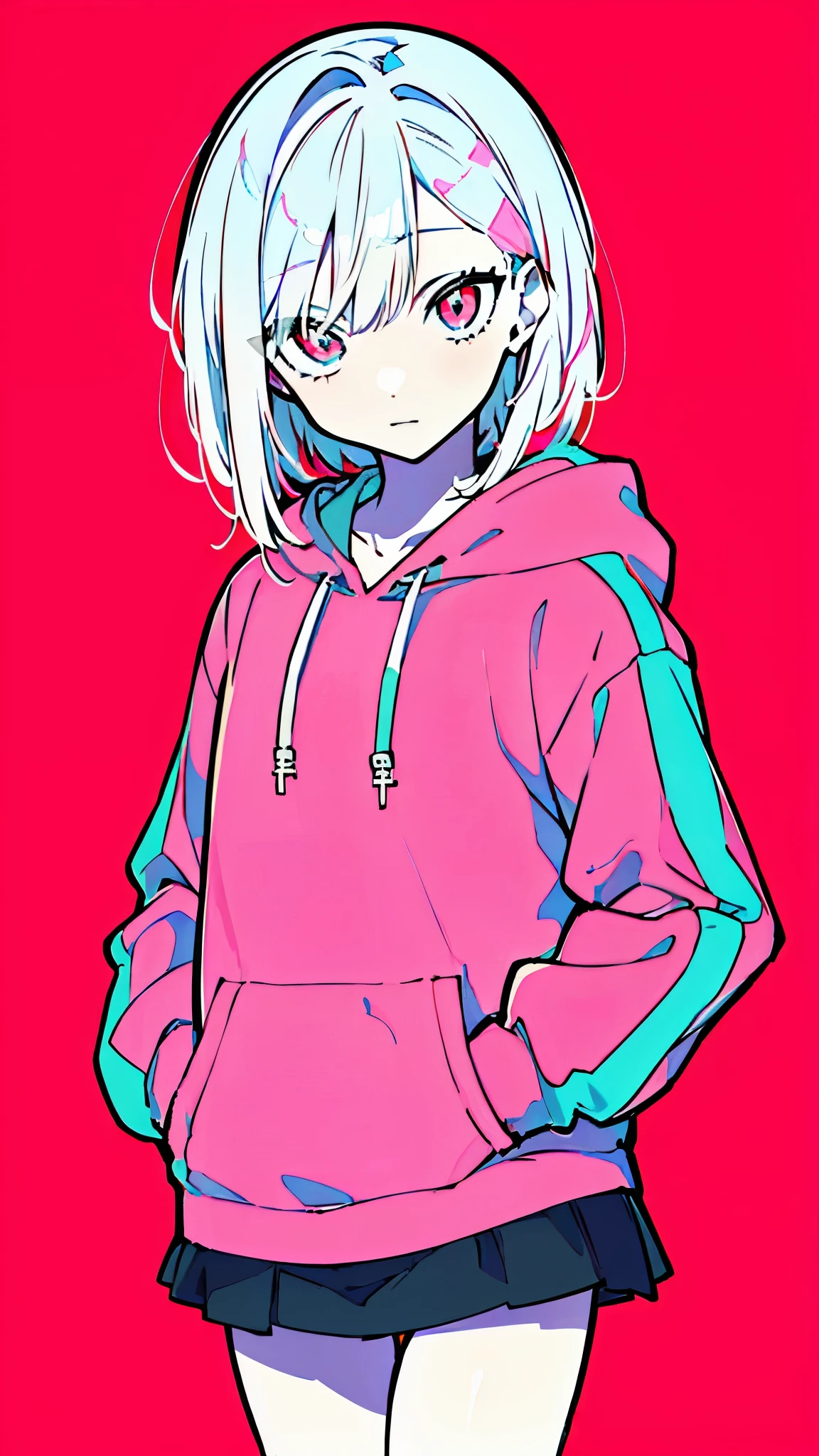 (masterpiece, highest quality:1.6), alone, thick outline, (simple background, Bright pink background, monochrome, bright pink theme:1.2), official art, Key Visual, 8k, confused, whole body, (unique hair, oversized hoodie, mini skirt, arch back, short torso, solo:1.2), belly button, thighs, cowboy shot, HDR, sharp focus, High resolution, most detailed, very detailed, Super detailed, finely, detailed eyes and face, sharp pupils, realistic student, alone, alone, put one's hand in one's pocket, contrast between pink and light blue