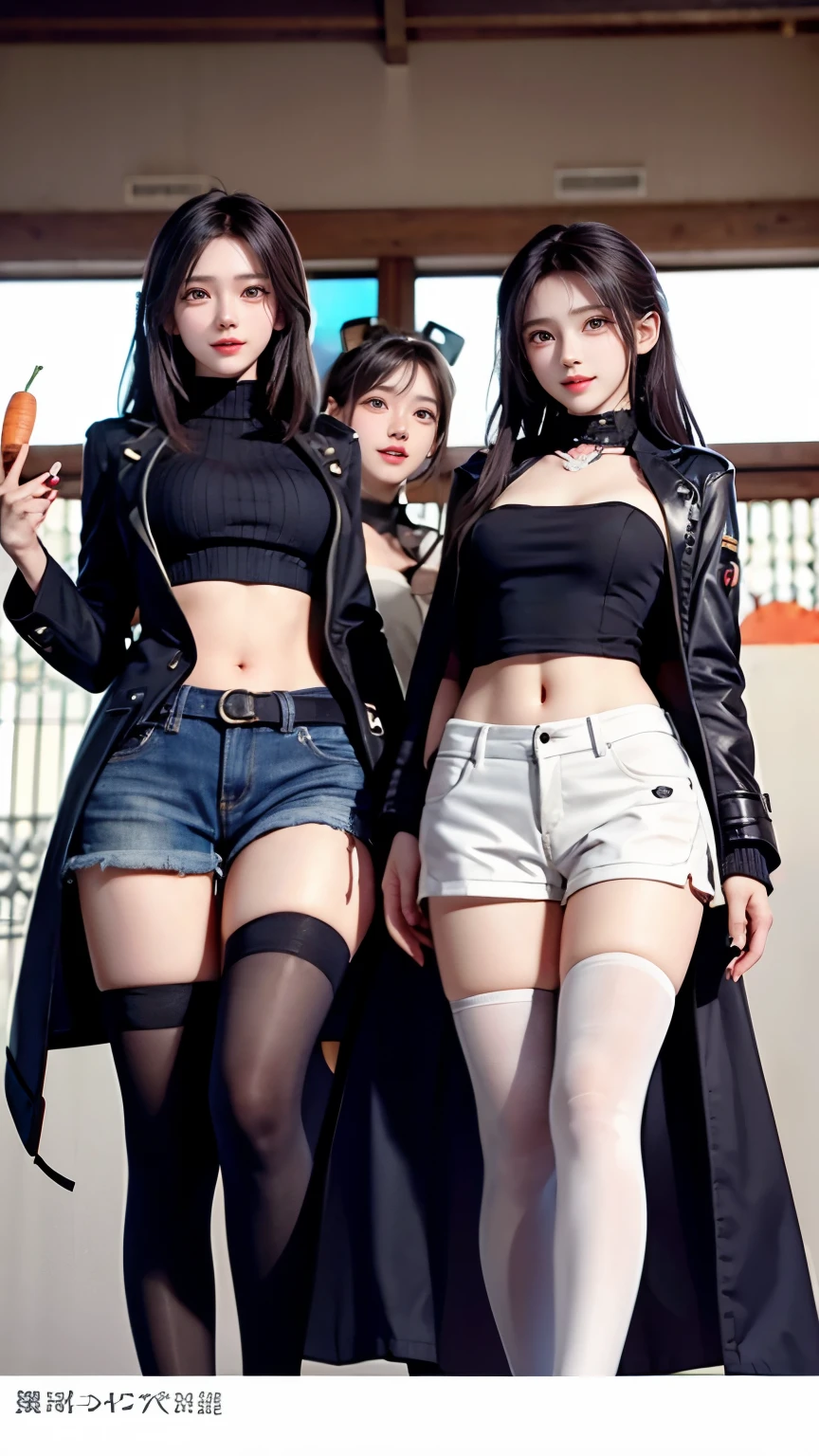 Carrot、Supermodel、perfect shape、Muchimuchi、Three girls are looking at the viewer、 3 girls、、Thighhighs、beautiful feet、hot pants、coat、cyber punk、headphone、gentle smile、Seen by girls from below、Innocent face