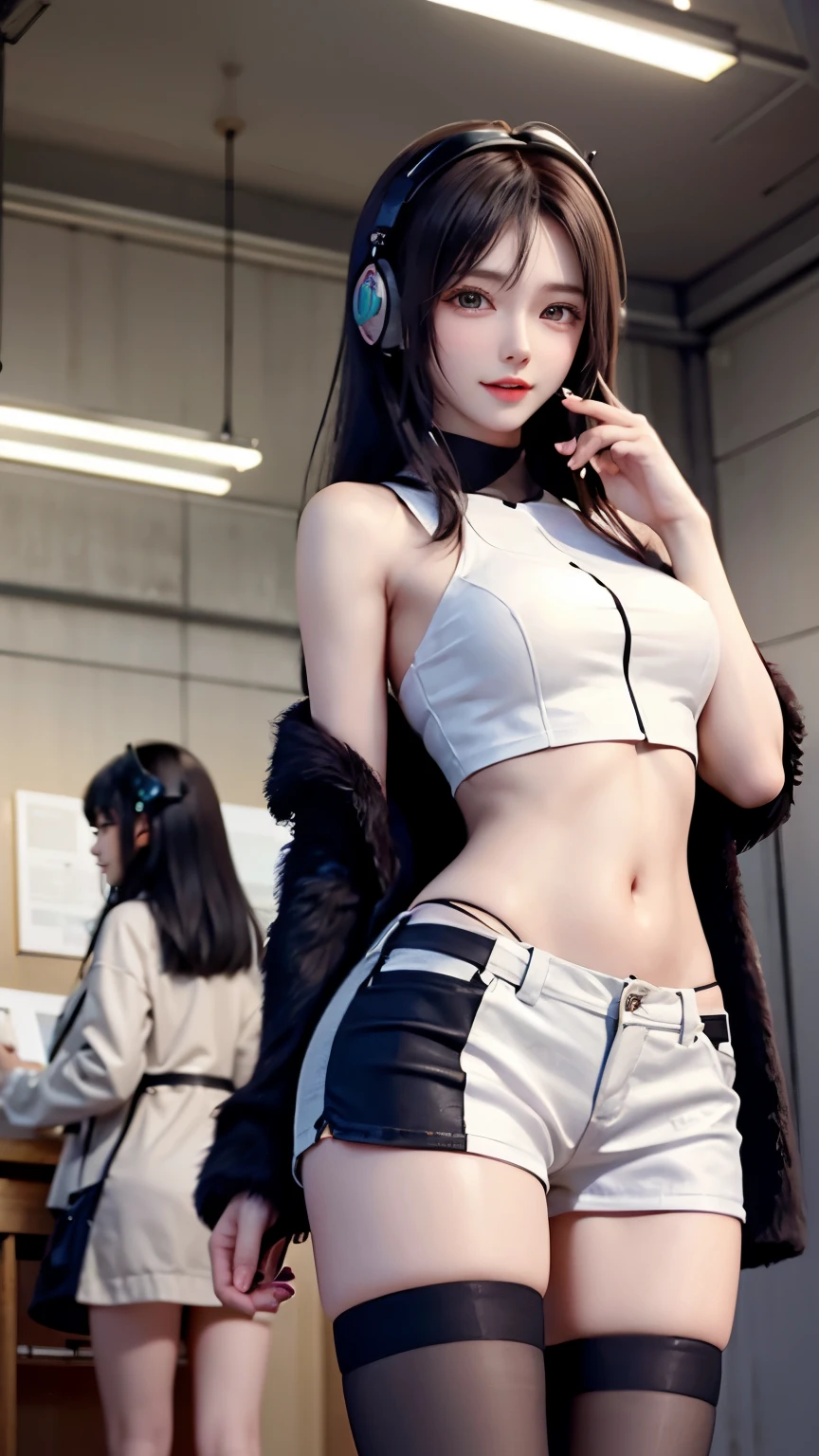 Carrot、Supermodel、perfect shape、Muchimuchi、Three girls are looking at the viewer、 3 girls、、Thighhighs、beautiful feet、hot pants、coat、cyber punk、headphone、gentle smile、Seen by girls from below、Innocent face