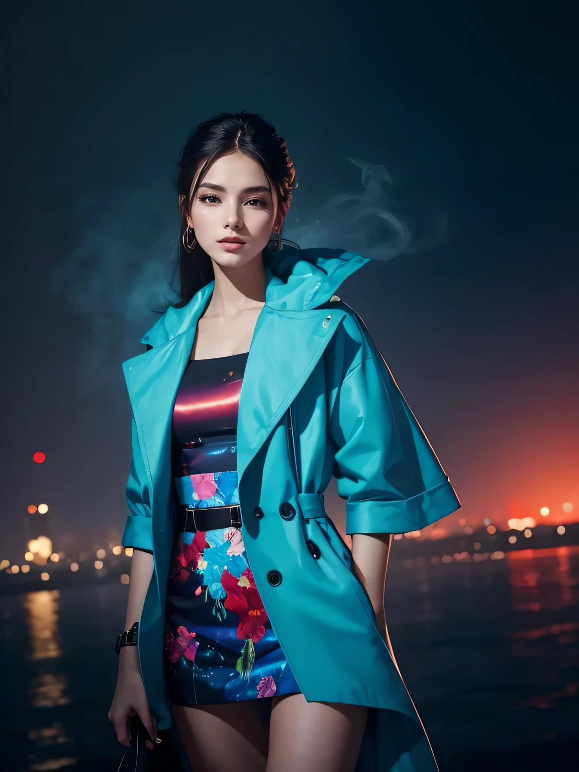 1woman wearing trendy clothes, in an abstract oil painting style, fashion show, The painting is ultra-high detailed and has a resolution of 8k, showcasing the best quality and craftsmanship. The background is colorful, with a touch of fog and smoky, creating a mysterious atmosphere.the city that never sleeps、oilcolor Touch,(a woman:1.2), , luminous design, vivit colours,spring lights,Artistic,azure, red