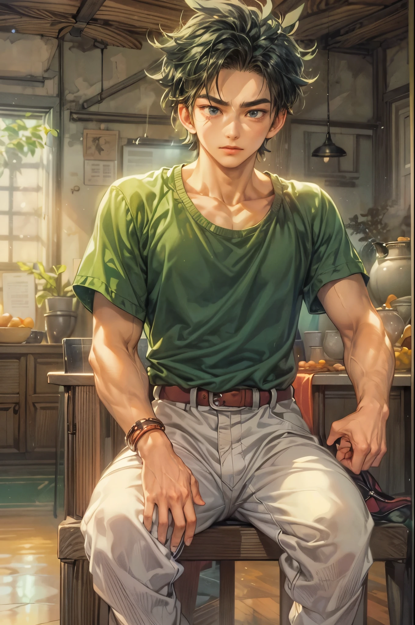 ((Best quality)), ((masterpiece)), (detailed), ((perfect face)), ((halfbody)) handsome face, male, teen boy, perfect proportions , a character from anime Dragon ball Z, akira toriyama art style, short hair, male version , detailed ghibli interior scenery background