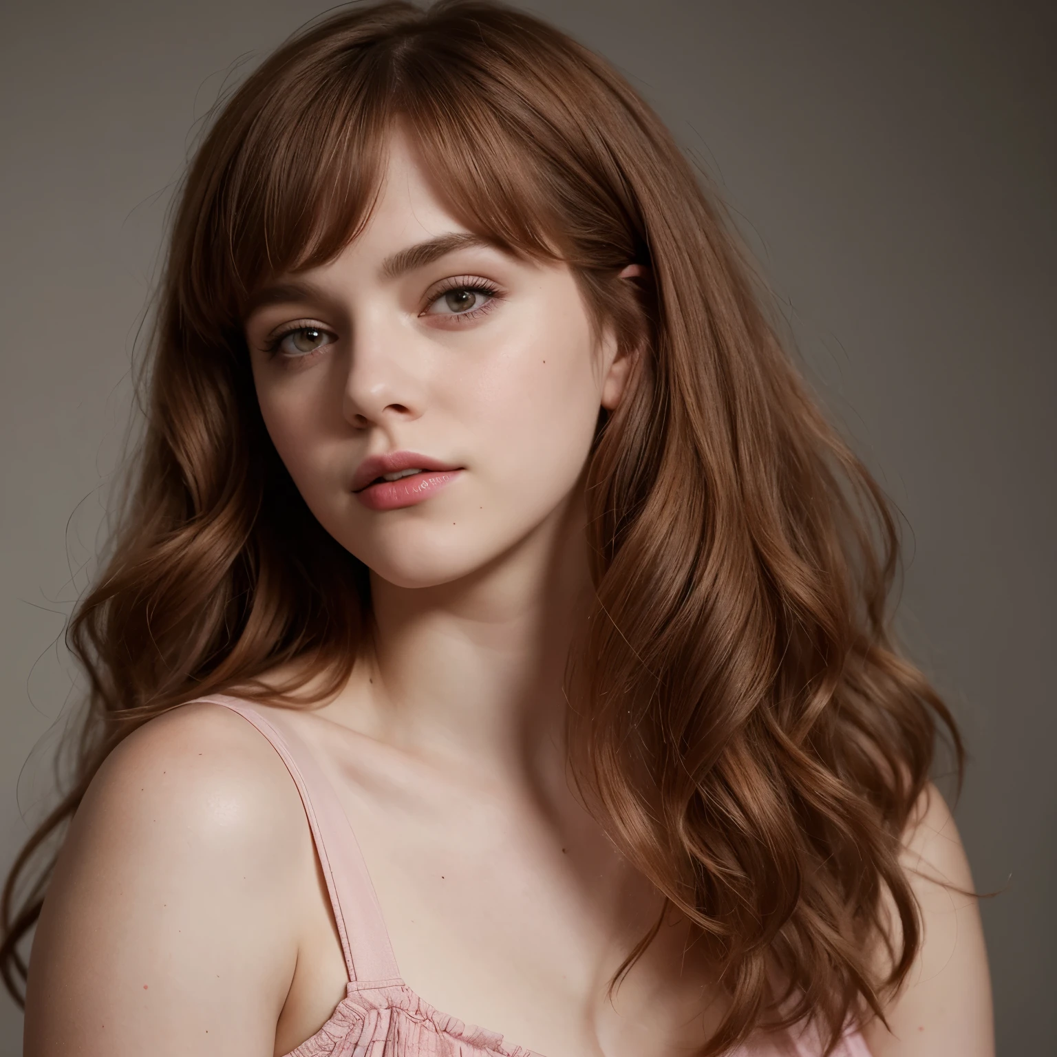 Sophia Lillis, thick woman, long wavy hair, photograph quality, eyeshadow and lipstick, portrait poses, pink roo