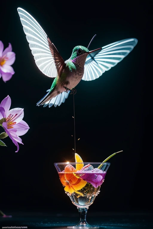 (best quality,highres,ultra-detailed),(realistic,photorealistic:1.37),mechanical hummingbird,plasma-sipping,fantastical,vivid colors,portraits,fluorescent flowers,light source,bokeh,surreal lighting,masterpiece:1.2