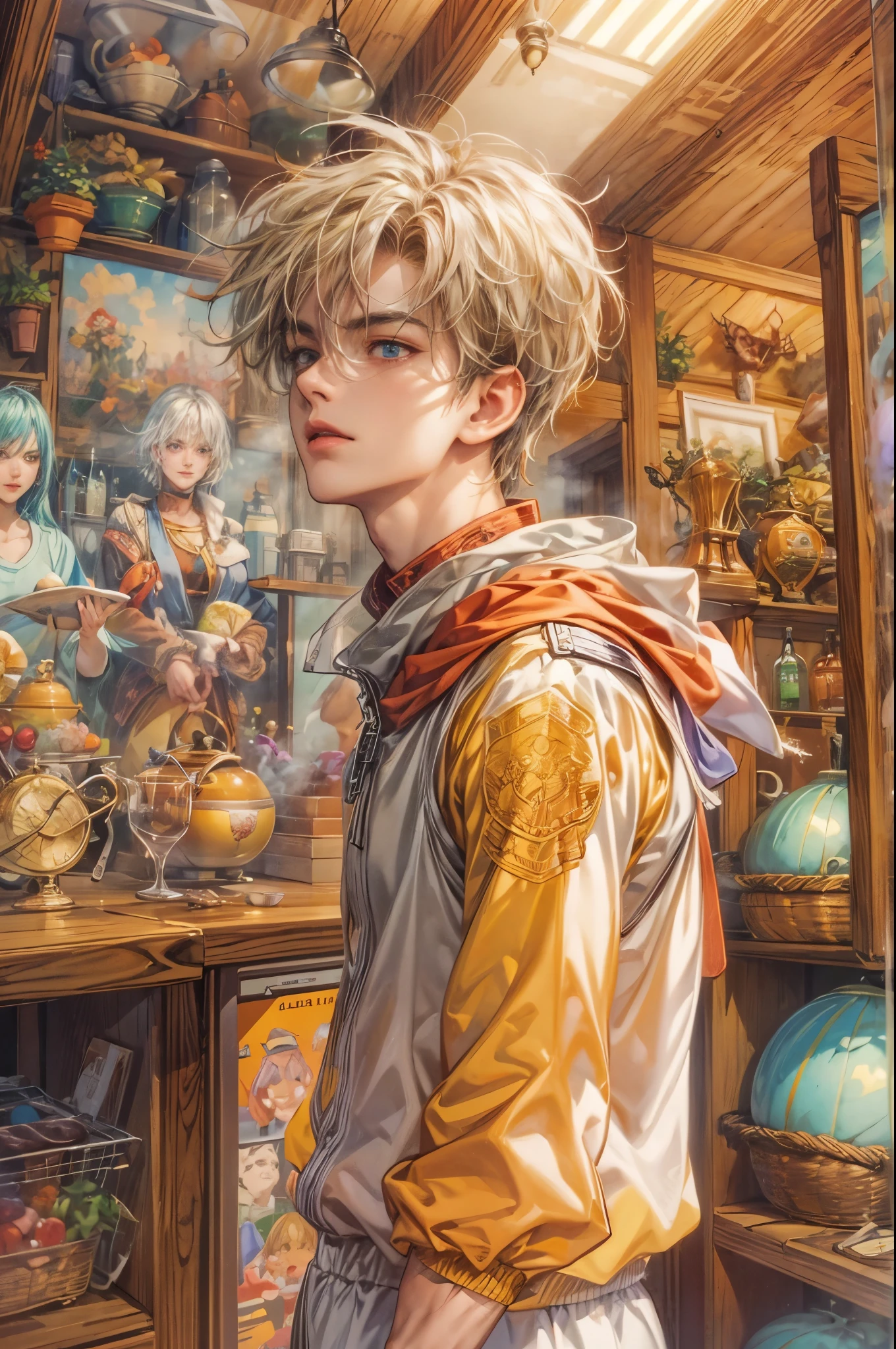 ((Best quality)), ((masterpiece)), (detailed), ((perfect face)), ((halfbody)) handsome face, male, teen boy, perfect proportions , a character from anime Dragon ball Z, akira toriyama art style, short hair, male version , detailed ghibli interior scenery background