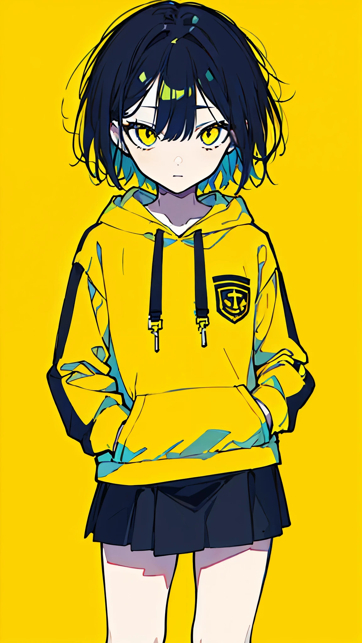 (masterpiece, highest quality:1.6), alone, thick outline, (simple background, Dark yellow background, monochrome, dark yellow theme:1.2), official art, Key Visual, 8k, confused, whole body, (unique hair, oversized hoodie, Tight Skirt, short torso:1.2), belly button, thighs, cowboy shot, HDR, sharp focus, High resolution, most detailed, very detailed, Super detailed, finely, detailed eyes and face, sharp pupils, realistic student, alone, alone, put one's hand in one's pocket