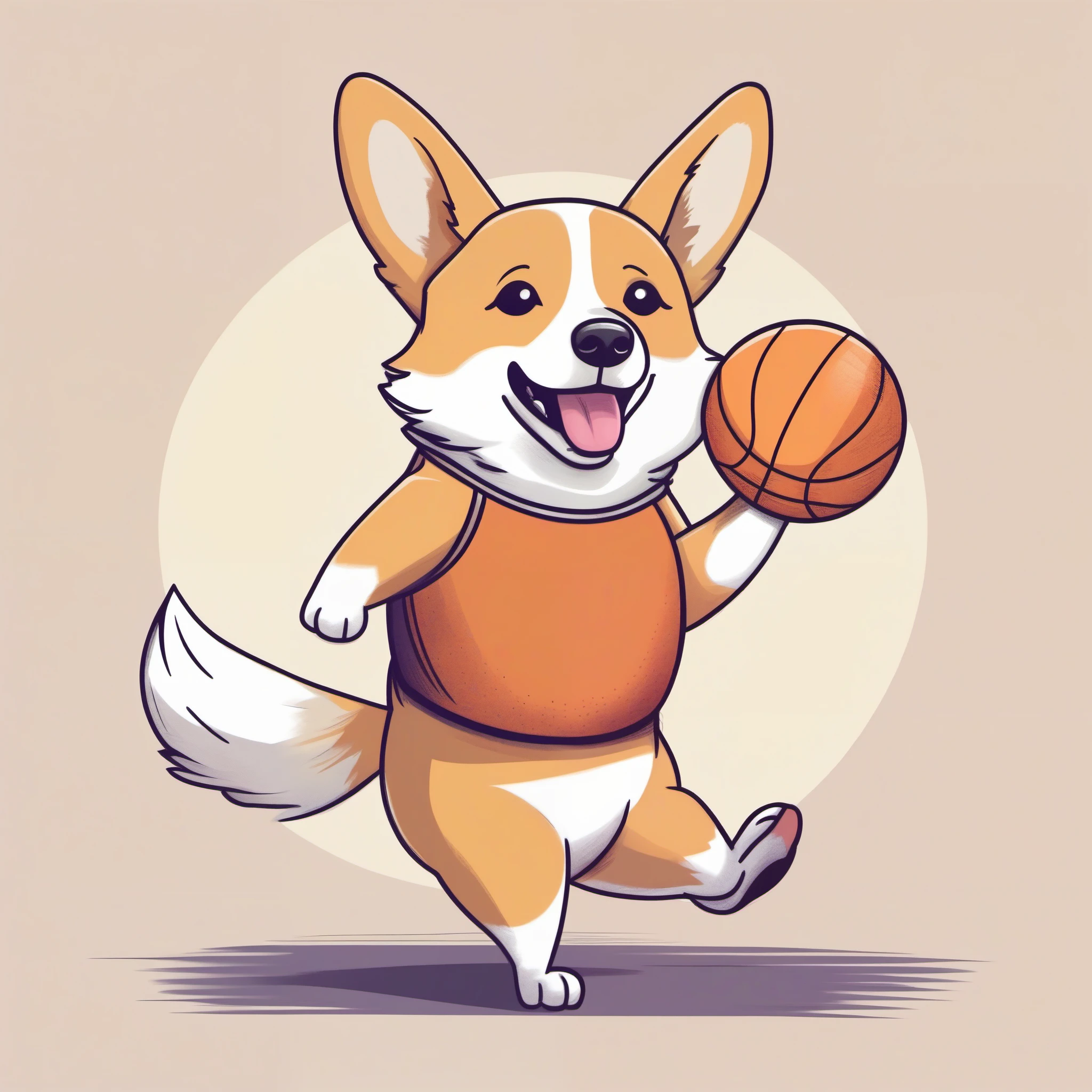 a cute happy corgi standing on 2 legs dribbling a basketball, flat shading, minimalist