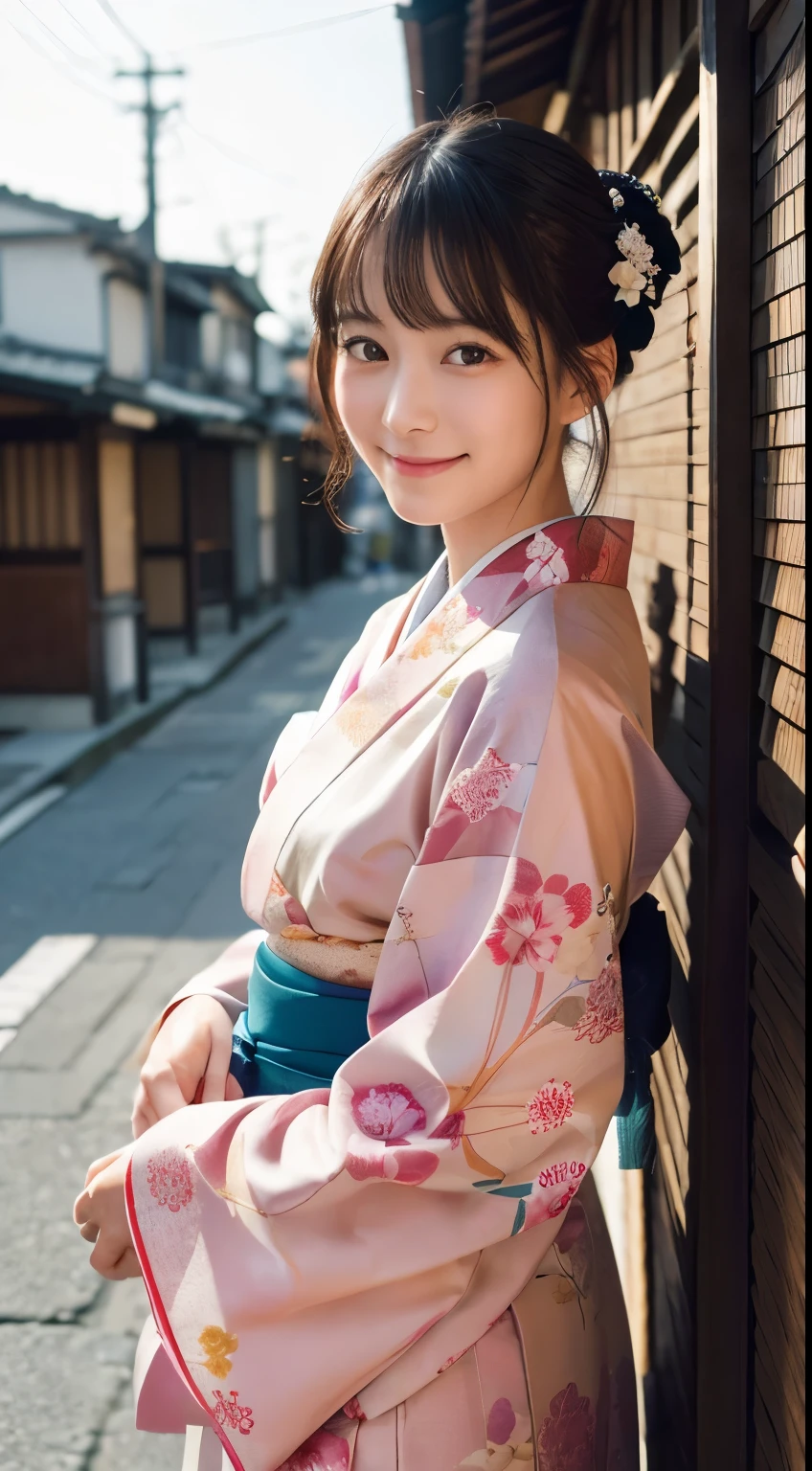 professional lighting,(Photoreal:1.4), (Top image quality:1.0), (超A high resolution:1.0), 8k, Raw photography, (masterpiece:0.2), (Pueros face_v1:0.5)、(最高quality Detail:1.2)、realistic、8k UHD、High resolution、(1 girl:1.2)、超detailedな、High quality textures、intricate details、detailed、Very detailed CG、High quality shadows、detailed 美しく繊細な顔、Beautiful details and delicate eyes、(symmetrical eyes:1.2),Depth of the bounds written、ray tracing,1 girl, japanese girl, (natural smile:1.4),cute, thin, Portrait of a beautiful Japanese woman wearing a kimono, Standing elegantly on a street corner in Kyoto. A kimono with bright traditional patterns, Hair decorated with an elegant and delicate hairpin, and a gentle expression. (Against the backdrop of the old streets of Kyoto:1.4)、soft light on a spring afternoon、adds tranquility to the scene. Rendered in a realistic style with great attention to detail, High resolutionの画像.sky porn, magic hour, (realistic:1.3), finely, quality, (table top:1.2), (realistic:1.2), (最高quality), (複雑なdetailed), dramatic, ray tracing, photograph, +roller