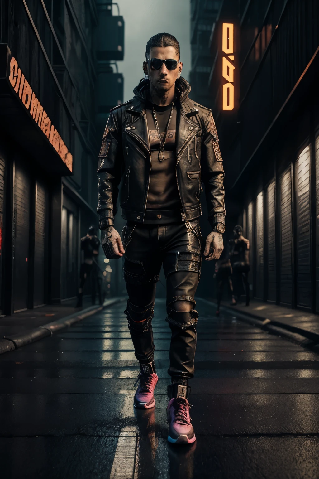 (Cyberpunk style, gritty realism, high contrast, edgy), Female fitness instructor, 30 years old, lean muscle, cybernetic implants, neon-lit gym, dystopian atmosphere, latex workout outfit, streetwear, slim waist, toned arms, dark alleyway, rain-soaked pavement, intimidating expression, copper shiny skin, cybernetic visor, red accent lighting, brooding male student, scuffed sneakers, distressed denim, battered leather jacket, submission pose, shadowy background, gritty textures, futuristic details, deep focus, vivid colors, dynamic composition.