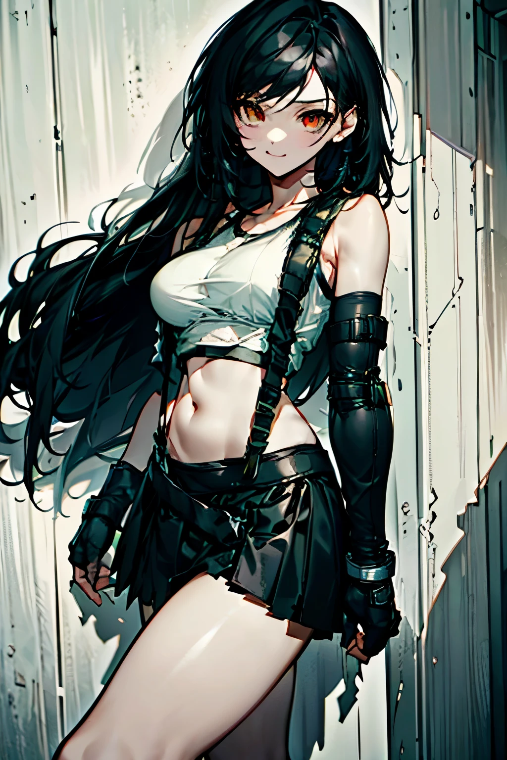 (highest quality、masterpiece:1.2) (1 girl), tifa lockhart black hair, long hair, ((suspenders black skirt), black elbow gloves, white tight shirt, thigh, white tank top, belly button,(Ferocious look、vulgar smile),