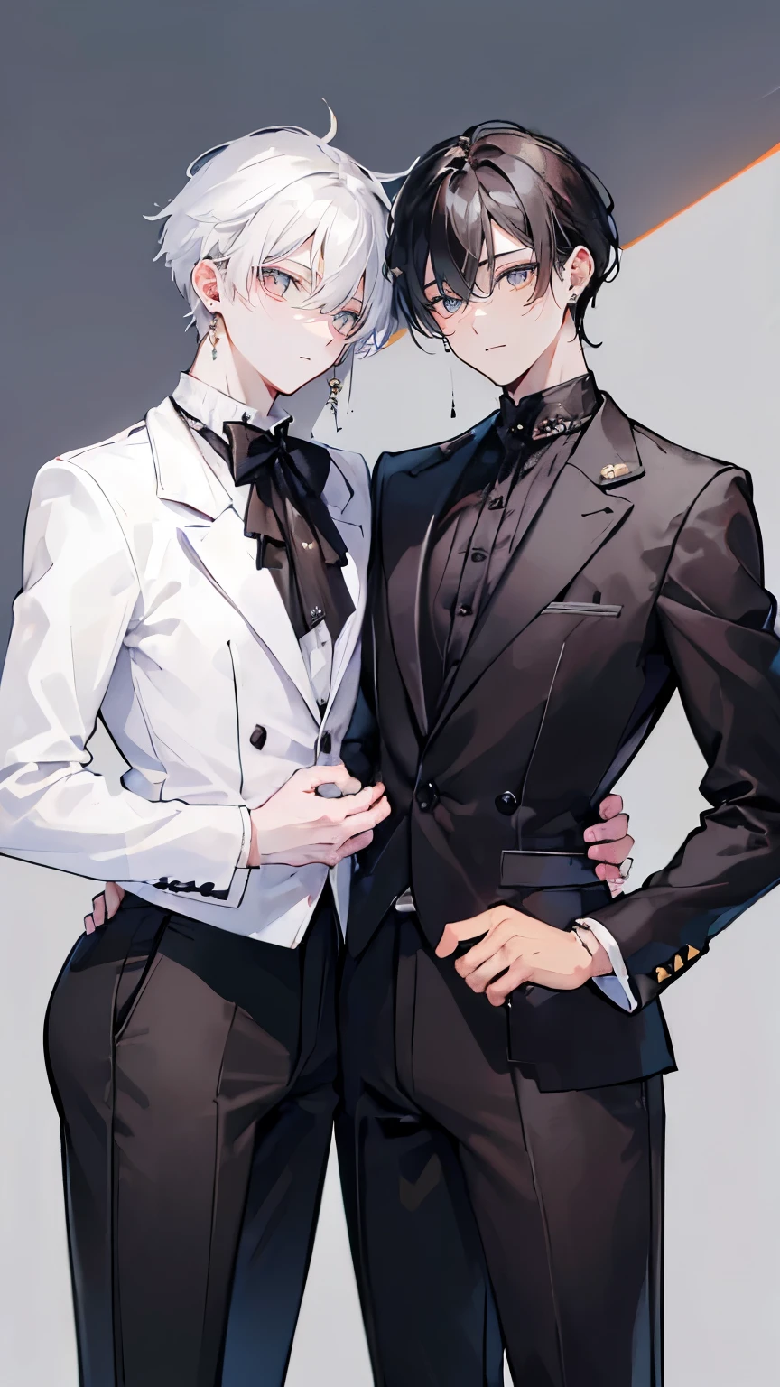 very detailed, ((two friendly young men:1.5)), perfect face, beautiful face, very detailed顔，(black-haired young man:1.3)，(white-haired young man:1.3)，ruffle shirt，smile，flower