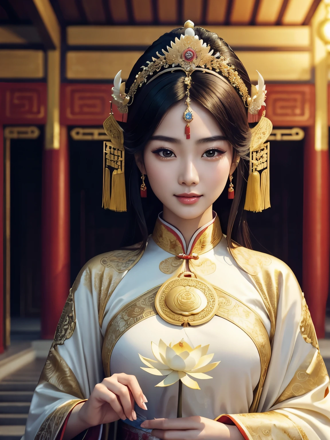 hyper-realistic, close up portrait, statuesque chinese princess, Chen Yuki, holding a lotus flower inside a palace. Wearing a majestic chinese traditional dress adorned with golden threads and traditional jewelry, the Princess smiles beautifully. The palace, painted white, blurred.