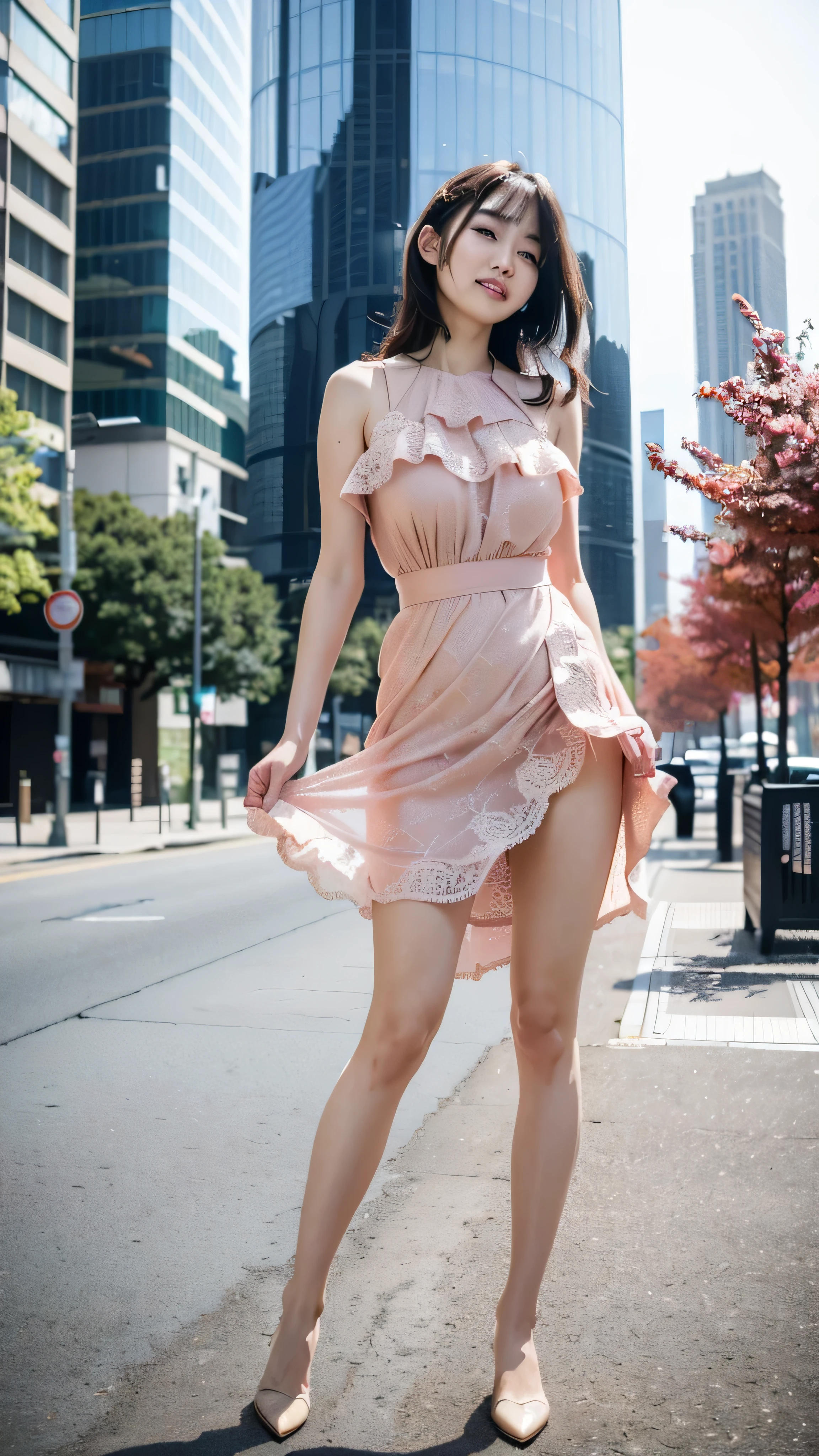 (highest quality, 8k, 32K, masterpiece, Hmm:1.2),Photos of beautiful Japanese women,(sad smile,blush:1.1),looking at the viewer,(beautiful detailed dress skirt:1.2),leg details,(spread your legs:0.9),(lace panties:0.9),(wind lift:1.5), whole body,the wind is strong,city,outdoors