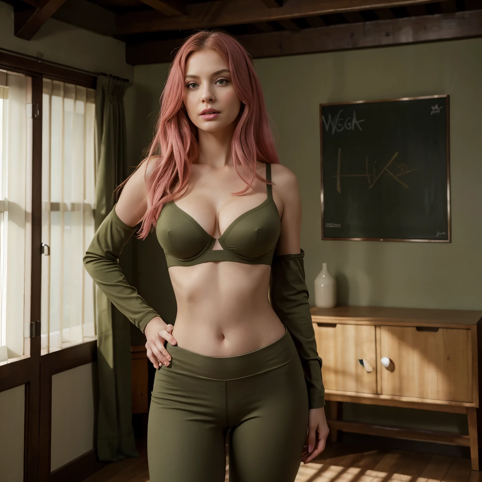 Masterpiece, (Morena Baccarin:Christina Hendricks:0.5), solo, looking at viewer, long hair, pink hair, hazel green eyes, standing, lips, realistic, wearing olive green yoga pant and bra