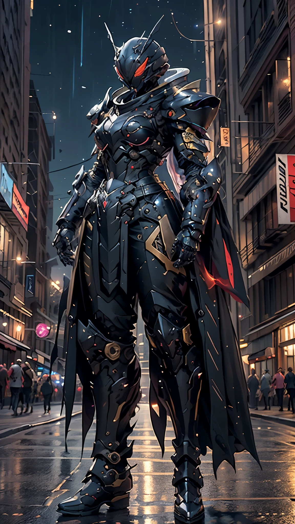 A woman adorned in fantasy-style full-body armor, a crown-concept fully enclosed helmet that unveils only her eyes, a composite layered chest plate, fully encompassing shoulder and hand guards, a lightweight waist armor, form-fitting shin guards, the overall design is heavy-duty yet flexible, ((the armor gleams with a golden glow, complemented by red and blue accents)), exhibiting a noble aura, she floats above a fantasy-surreal high-tech city, this character embodies a finely crafted fantasy-surreal style armored hero in anime style, exquisite and mature manga art style, (Queen bee mixed with Spider concept Armor, photorealistic:1.2, real texture material:1.2), ((night sky, city night view, elegant, goddess, femminine:1.5)), Unreal Engine 5, metallic, high definition, best quality, highres, ultra-detailed, ultra-fine painting, extremely delicate, professional, anatomically correct, symmetrical face, extremely detailed eyes and face, high quality eyes, creativity, RAW photo, UHD, 32k, Natural light, cinematic lighting, masterpiece-anatomy-perfect, masterpiece:1.5