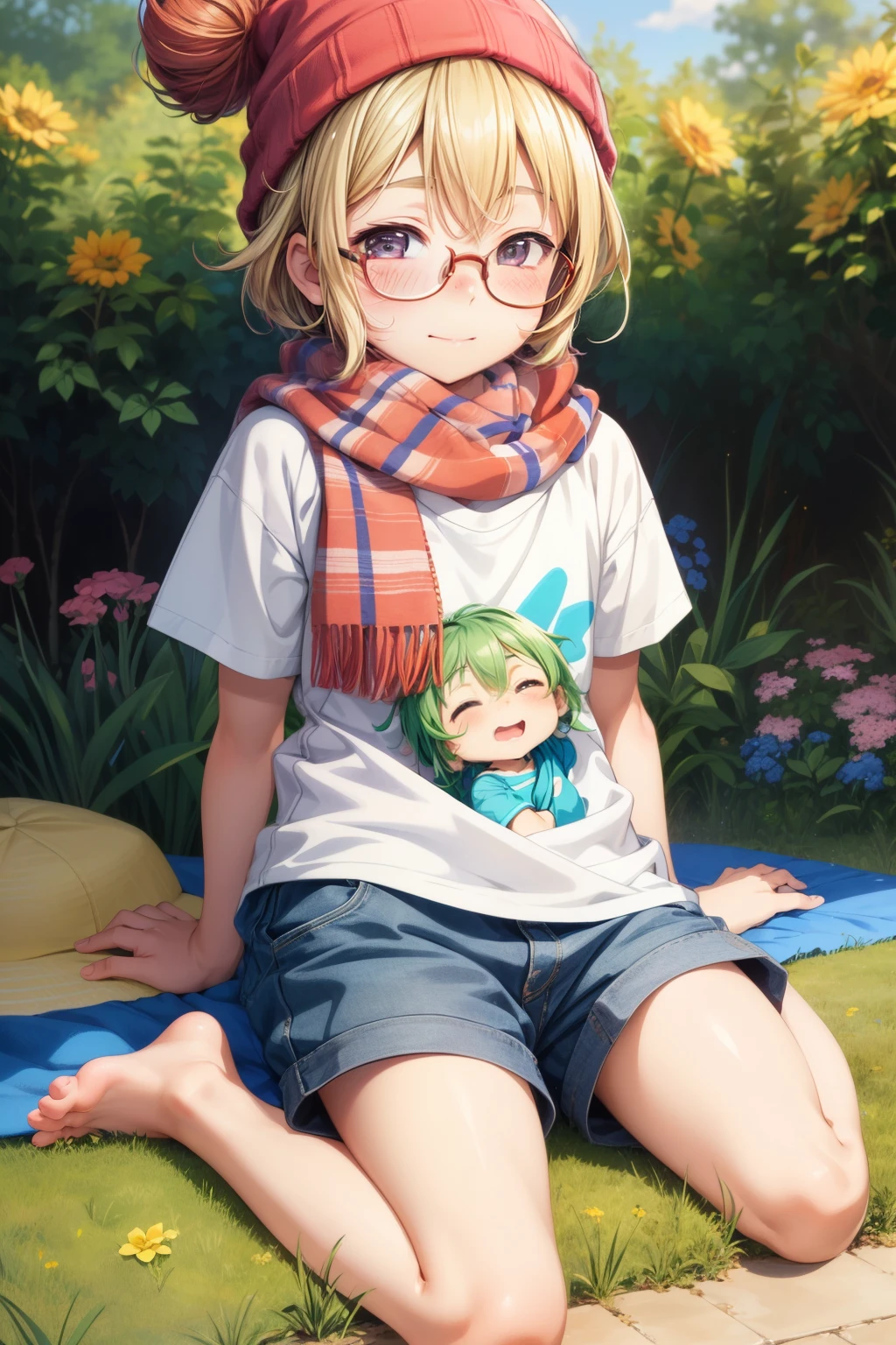 shota boy, adorable, young, innocent, chubby cheeks, bright eyes, short stature, casual outfit, t-shirt and shorts, bare feet, cartoony style, manga illustration, pastel colors, simple lines, expressive facial features, freckles, tousled hair, playful, holding a toy or gem, sitting on a mat, sunny background, drawing by artist Yoshitaka Amano, best quality, high definition: 1080p, medium: digital painting, focused on face, expressing happiness, cute dimples, wearing glasses or hat, fanart, wearing a scarf or beanie, school uniform optional.