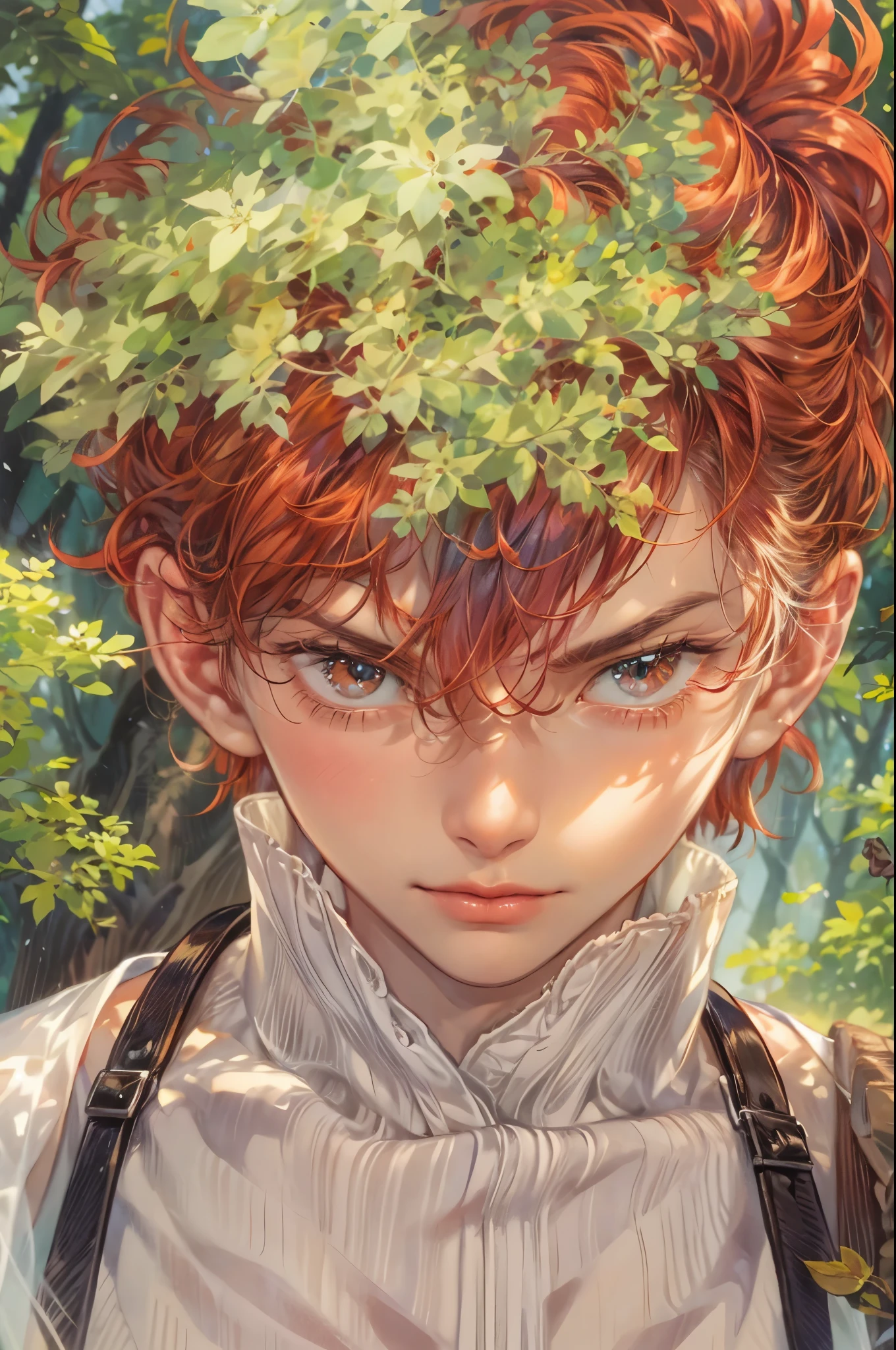 ((Best quality)), ((masterpiece)), (detailed), ((perfect face)), ((halfbody)) handsome face, male, boy, perfect proportions , a character from anime fairy tail, red hair, male version , hiro mashima art, detailed ghibli forest background, detailed ghibli scenery background
