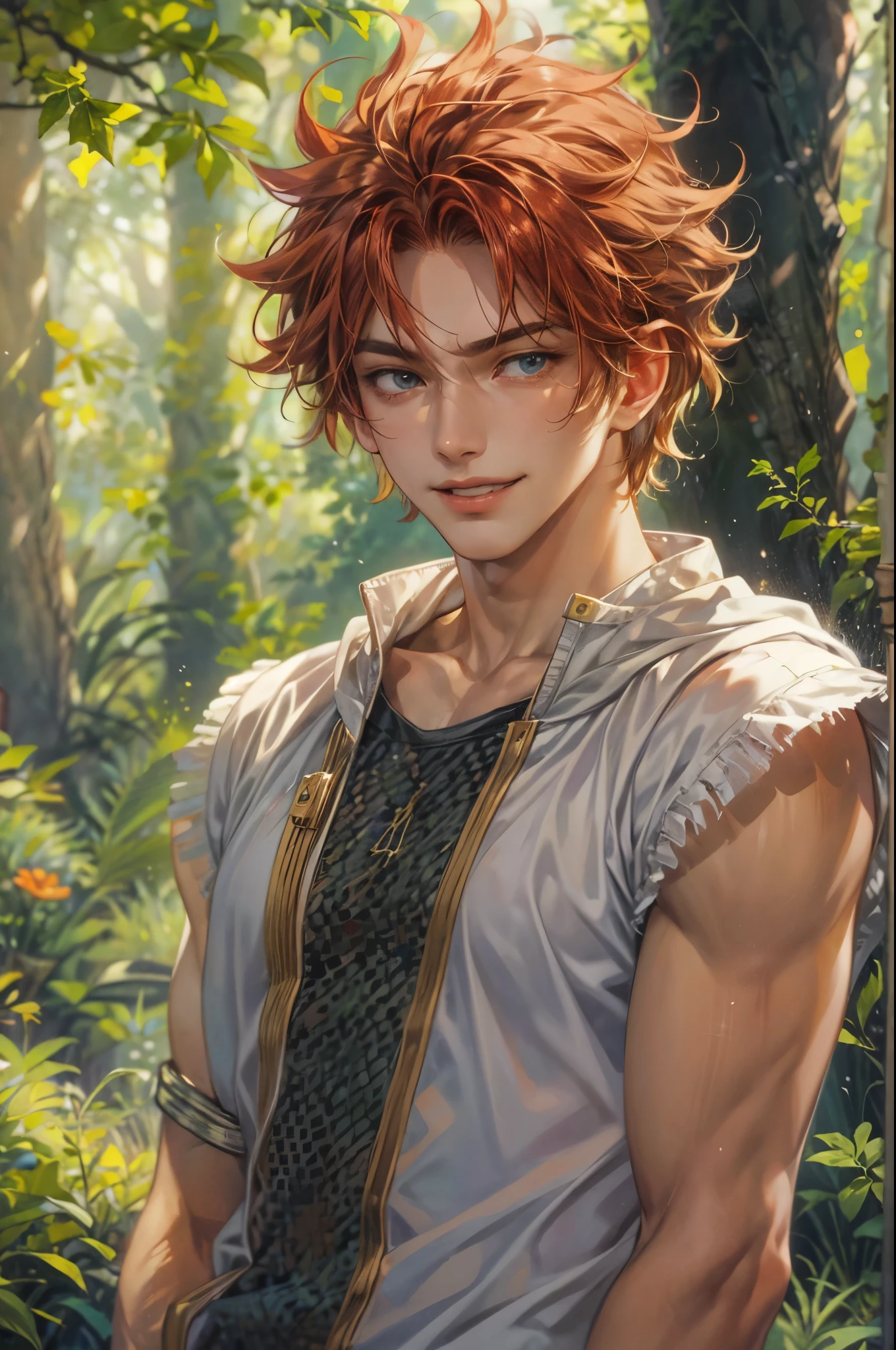 ((Best quality)), ((masterpiece)), (detailed), ((perfect face)), ((halfbody)) handsome face, male,  boy,  perfect proportions , a character from anime fairy tail, red hair, male version , hiro mashima art, detailed ghibli forest background, detailed ghibli scenery background 