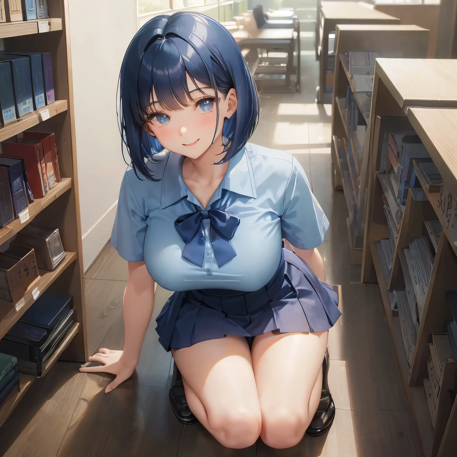 1 high school girl　 female　bob cut　dark blue hair color　high school uniform　Light blue Y-shirt　short sleeve　blue ribbon　dark blue hair color　slender body shape　big breasts　full body portrait　学校のlibrary　smile gently　cheerful look　library　hand sign　squat　kneel down　look up here　