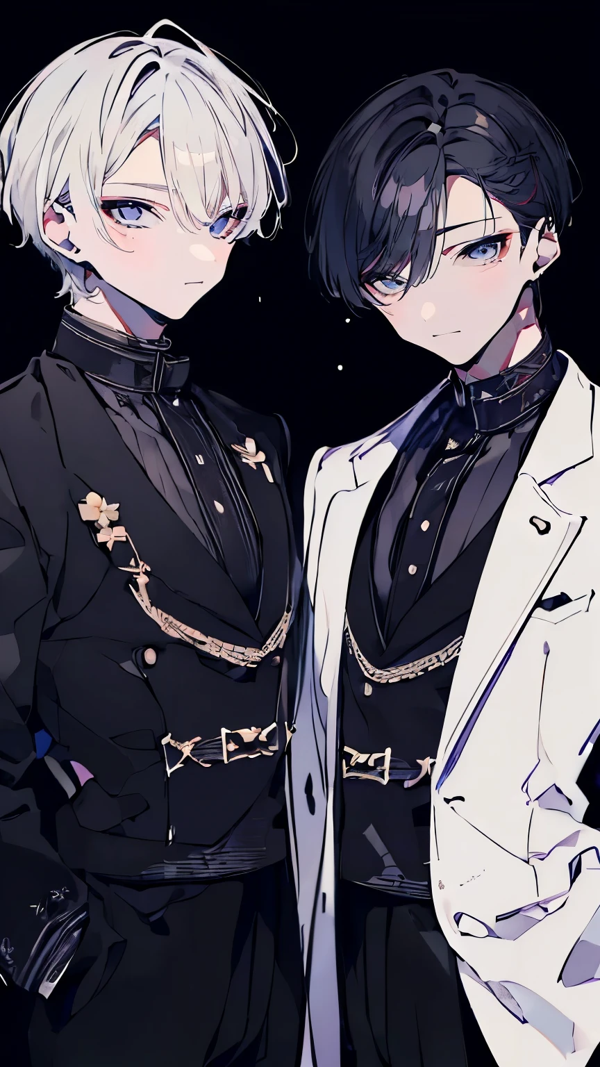 very detailed, ((two friendly young men:1.5)), perfect face, beautiful face, very detailed顔,(black-haired young man:1.3),(white-haired young man:1.3),ruffle shirt,smile,flower