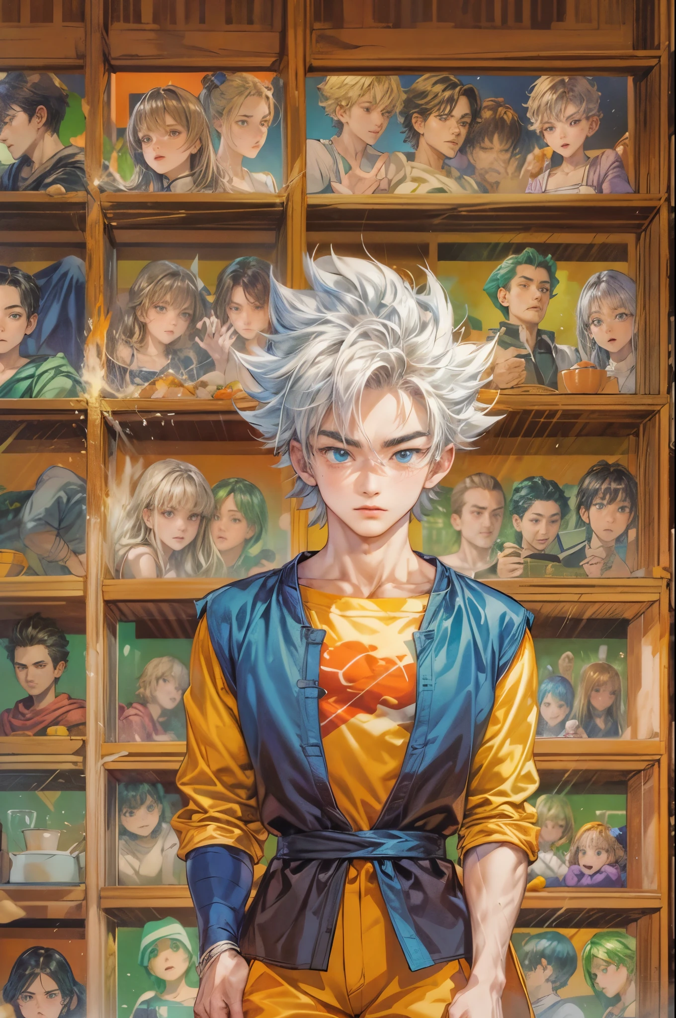 ((Best quality)), ((masterpiece)), (detailed), ((perfect face)), ((halfbody)) handsome face, male, boy, perfect proportions , a character from anime Dragon ball Z, akira toriyama art style, short hair, male version , detailed ghibli interior scenery background