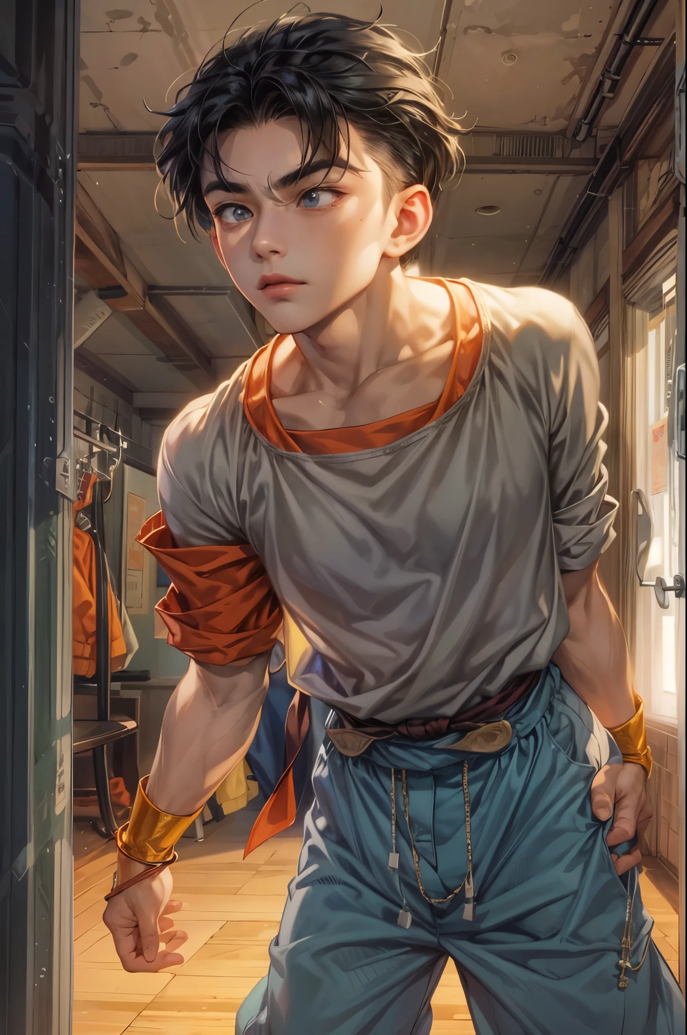 ((Best quality)), ((masterpiece)), (detailed), ((perfect face)), ((halfbody)) handsome face, male, teen boy, perfect proportions , a character from anime Dragon ball Z, akira toriyama art style, short hair, male version , detailed ghibli interior scenery background