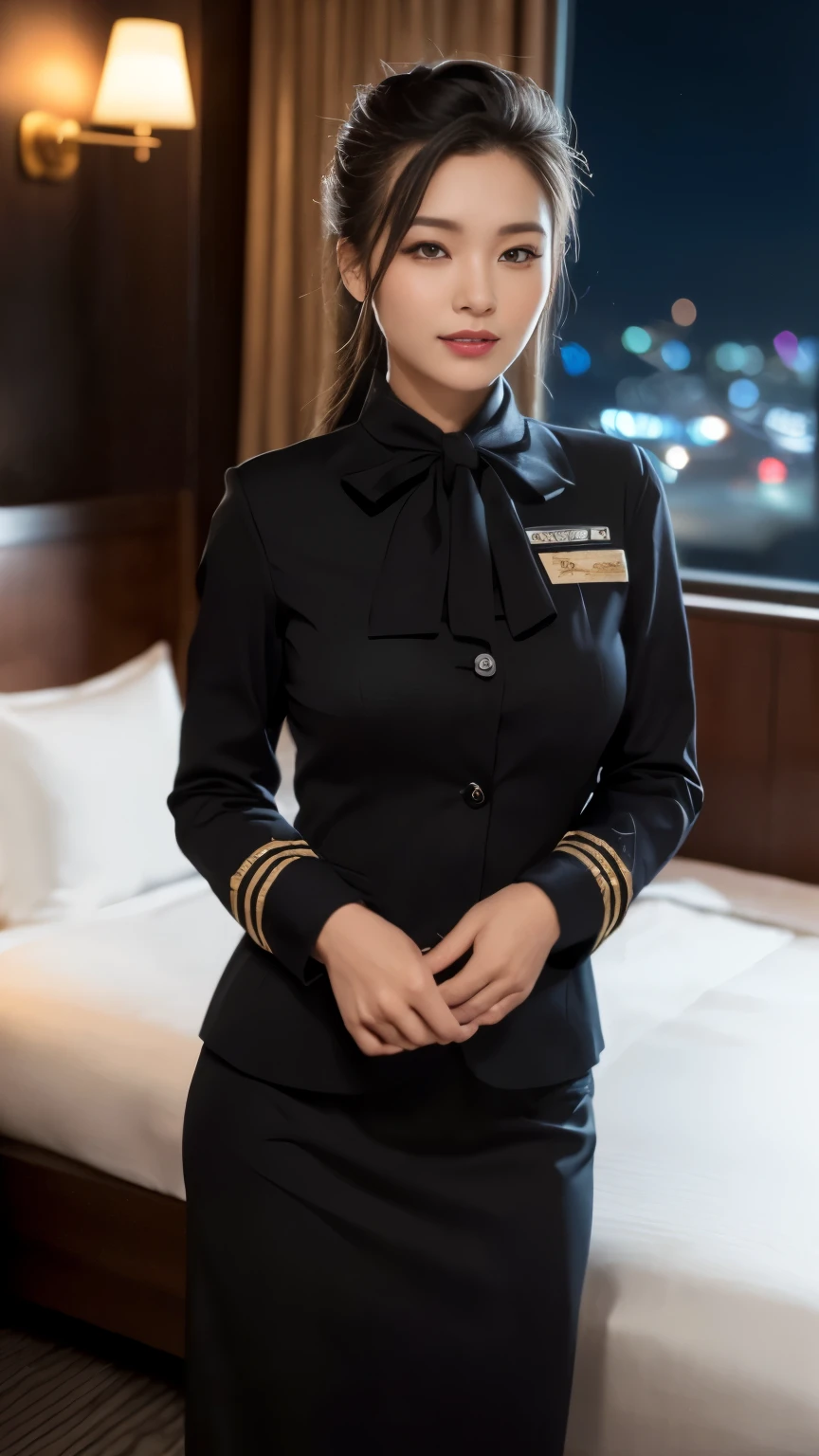 ((highest quality、table top、8k、best image quality、hyper realism))、(1 photo:1.5)、(1 real female stewardess:1.3)、(Standing gracefully:1.1)、(cowboy shot:1.5)、((The background is the most luxurious luxury hotel bedroom:1.5)、(Perfect authentic stewardess uniform:1.7)、(midnight、a dark night、deep at night、dark:1.5)、(bun hair)、big and full breasts、elegant smile、perfect makeup、long eyelashes、Please look at me、(perfect anatomy:1.3)
