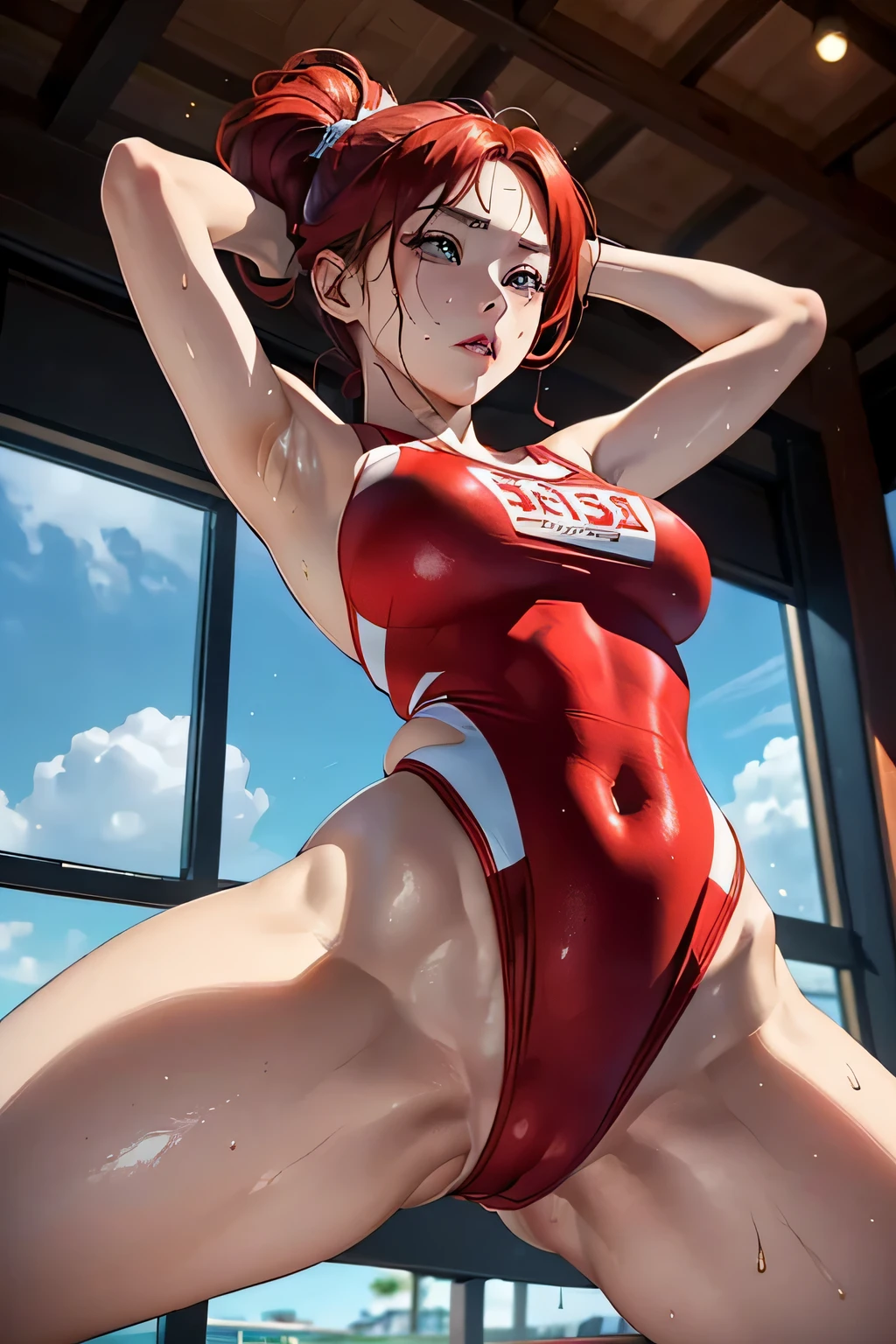 looking up from below、view from behind、show her pussy，actual、Super high chroma、8k、Long red hair(((30 year old woman)))、((((She is wearing a red competition swimsuit。))))、competitive swimmer、big breasts、Thick thighs、Pay attention to muscle development。競泳プールolympic Comcompetitive swimmerics stadium 美しい顔, Highly detailed face and skin textures, (Eyes have small wrinkles, double eyelids, thin eyebrows, glitter eyeliner: 1.2, natural cheeks, skin shiny, White skin,, (glossy lips: 1. 4),Sweating 1.0、(((vitality)))