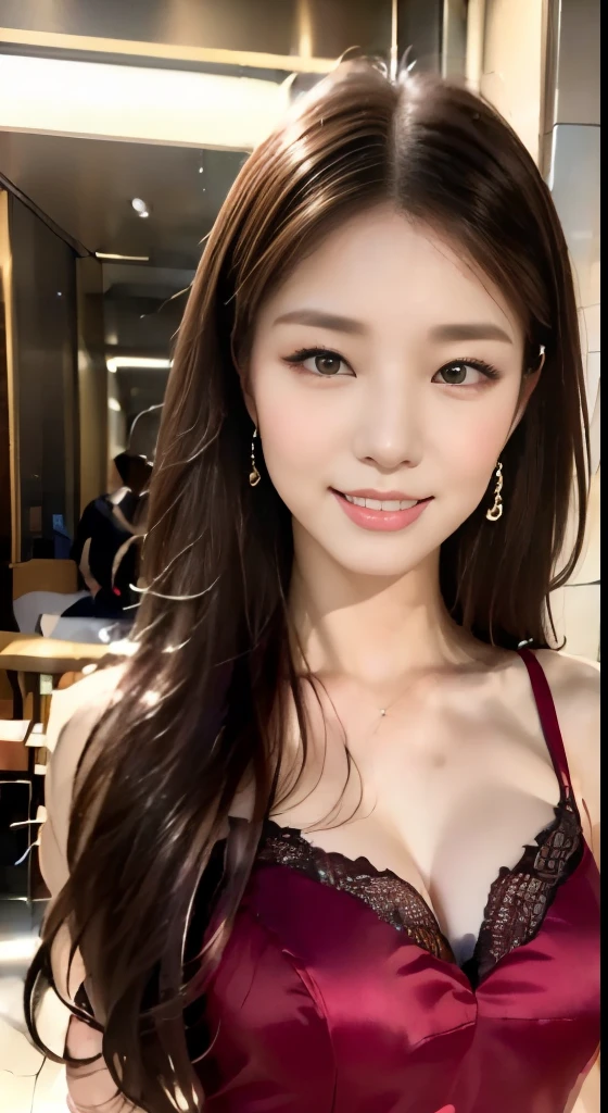 ((highest quality, 8k, masterpiece :1.3)), 1 girl, smile, whole body, slim face, Beautiful woman, (dark brown hair), red full length dress :1.1, super detailed face, fine eyes, double eyelid, blur background, slim face, city, outside, street,big breasts:1.3,175cm,