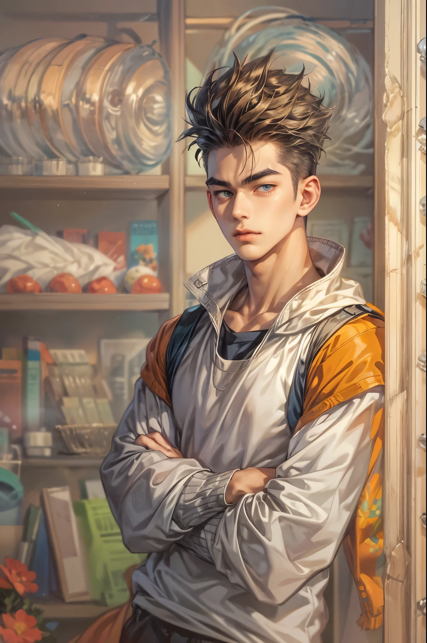 ((Best quality)), ((masterpiece)), (detailed), ((perfect face)), ((halfbody)) handsome face, male, teen boy, perfect proportions , a character from anime Dragon ball Z, akira toriyama art style, short hair, male version , detailed ghibli interior scenery background