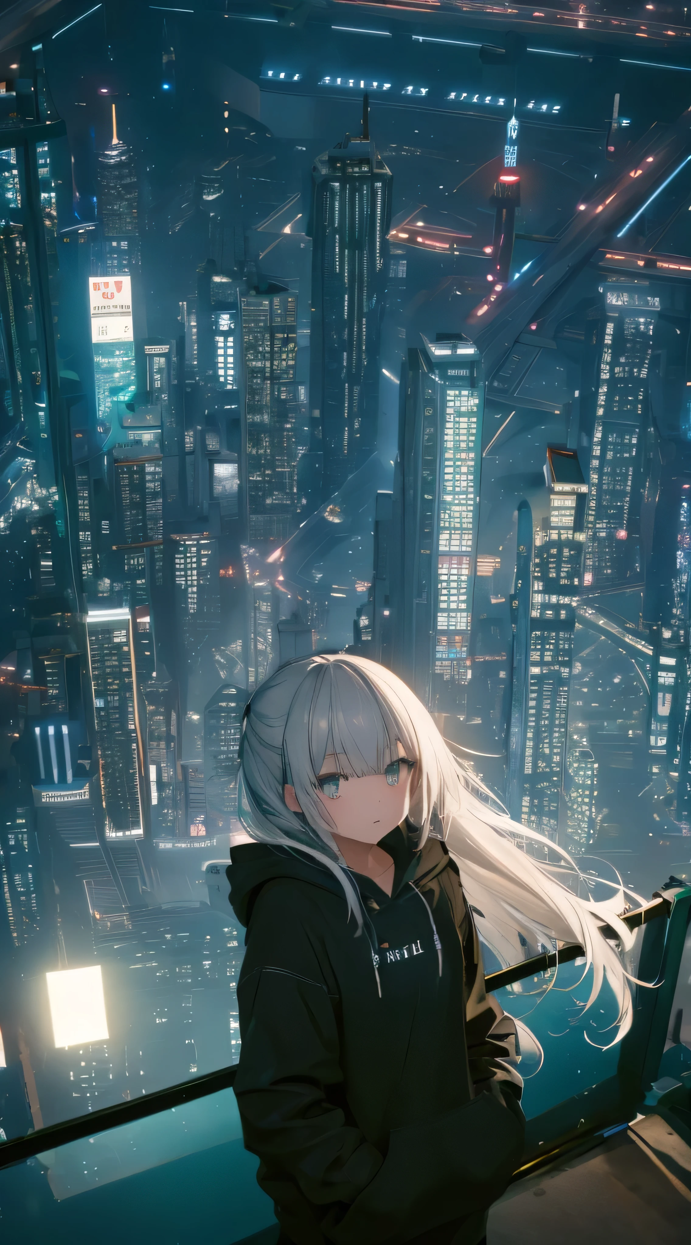 masterpiece, best quality, very accurate, full HD, dept of field, 1 girl, long hair, gray hair, bangs, (bright aqua eyes), wearing an black hoodie, floating hair, in roof top  building, night city, night sky,  galaxy, starry sky, shooting stars